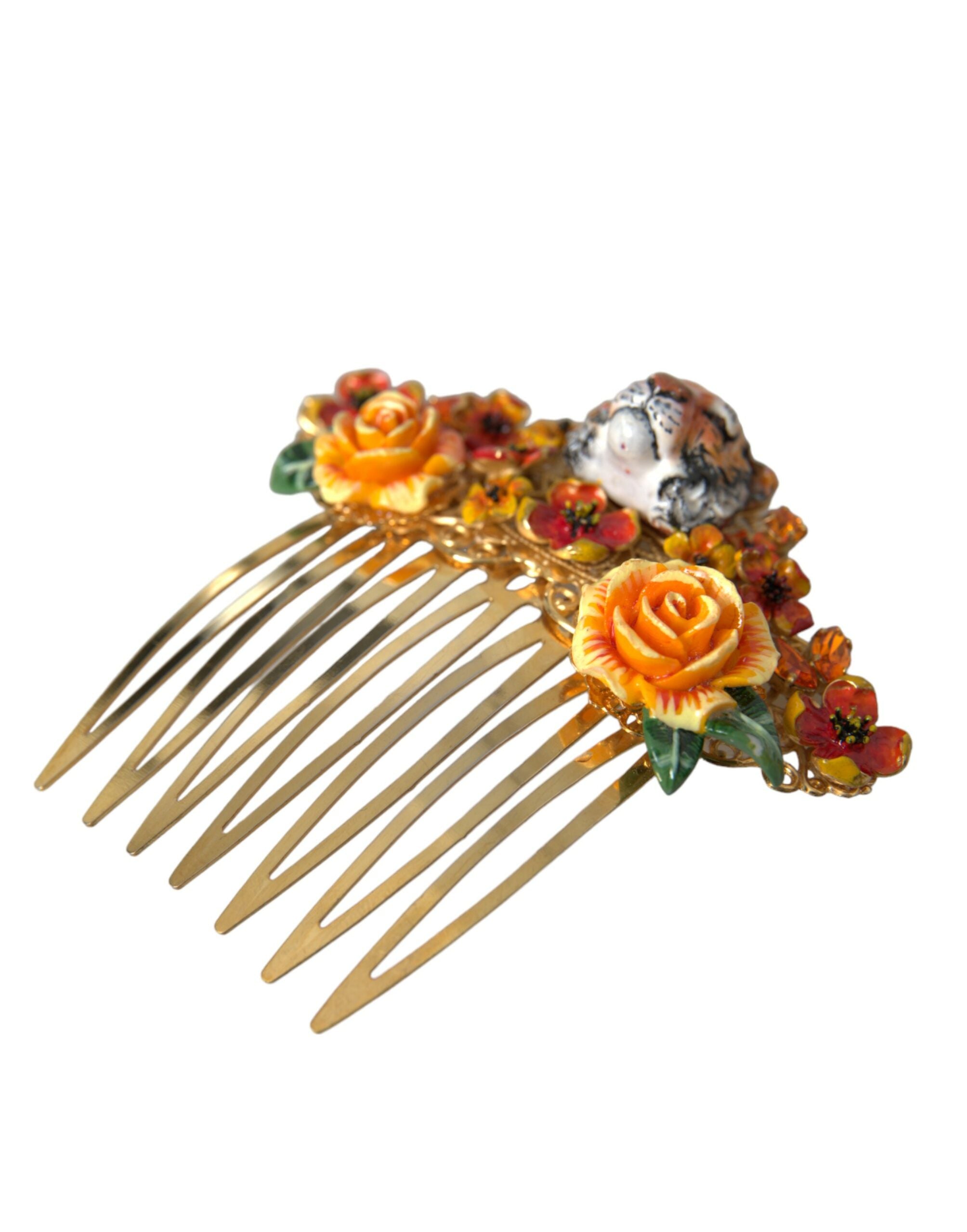 Pieptene de păr Dolce &amp; Gabbana cu model floral și cristal leopard din alamă aurie