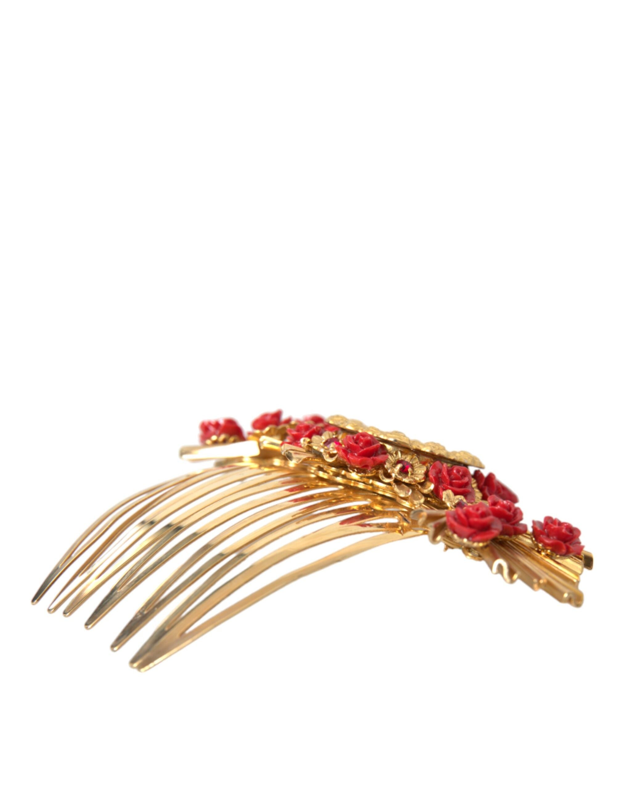 Pieptene de păr Dolce &amp; Gabbana cu model floral și inimă de cristal din alamă aurie