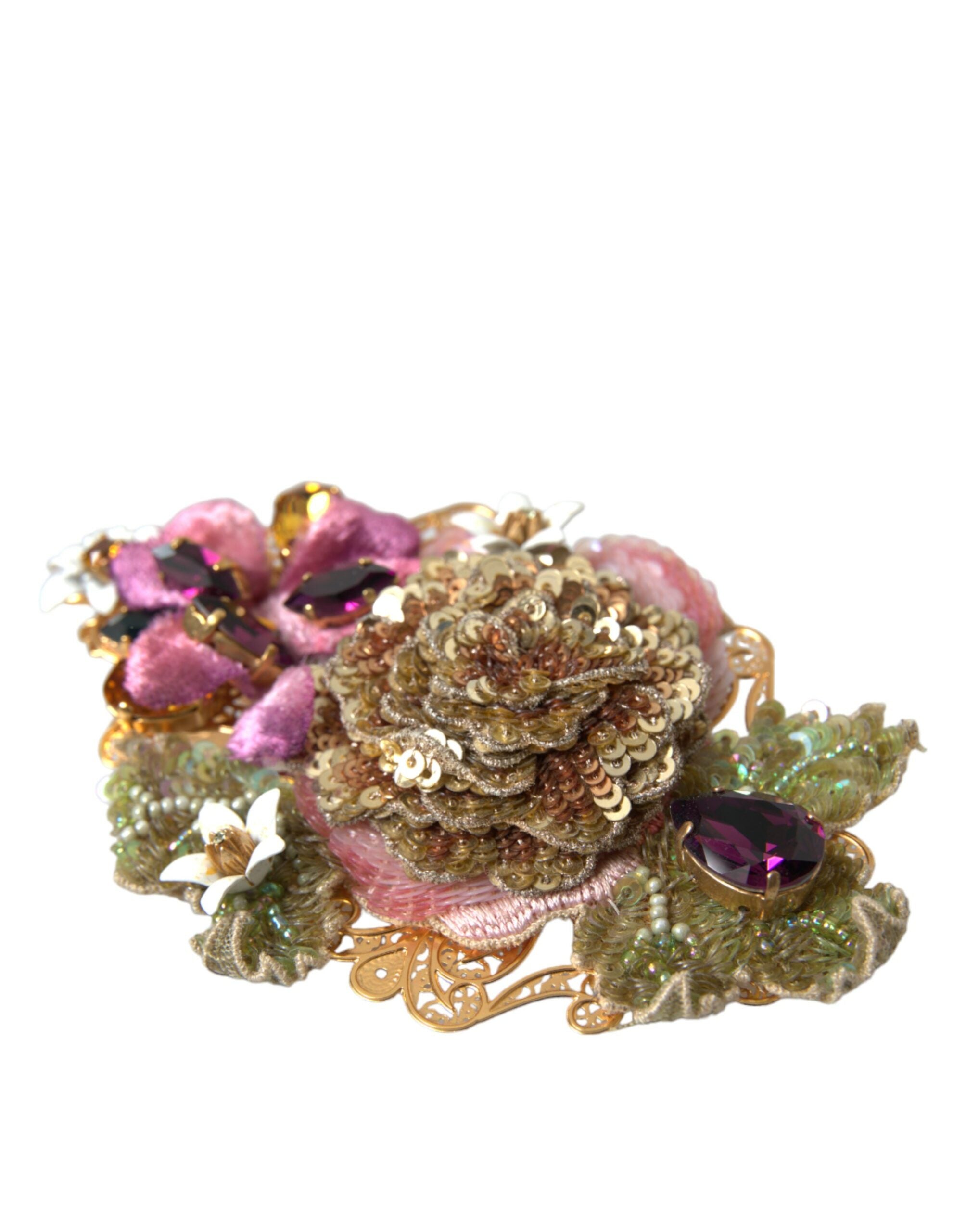 Agrafă de păr Dolce &amp; Gabbana cu paiete și cristale florale din alamă aurie