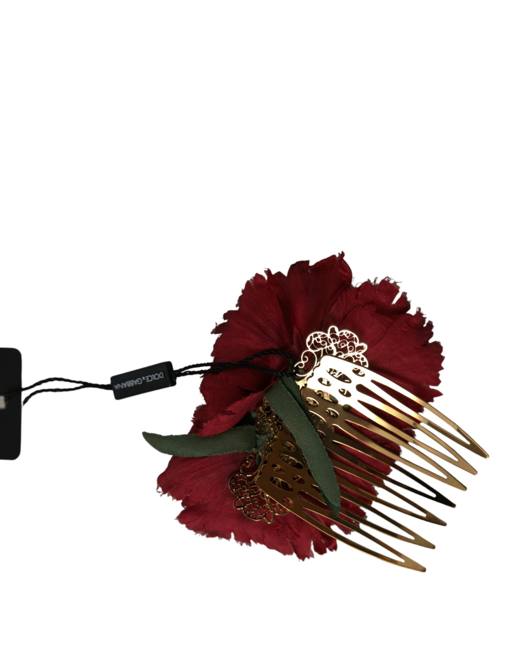 Pieptene de păr Dolce &amp; Gabbana cu imprimeu floral roșu din mătase, alamă aurie pentru femei