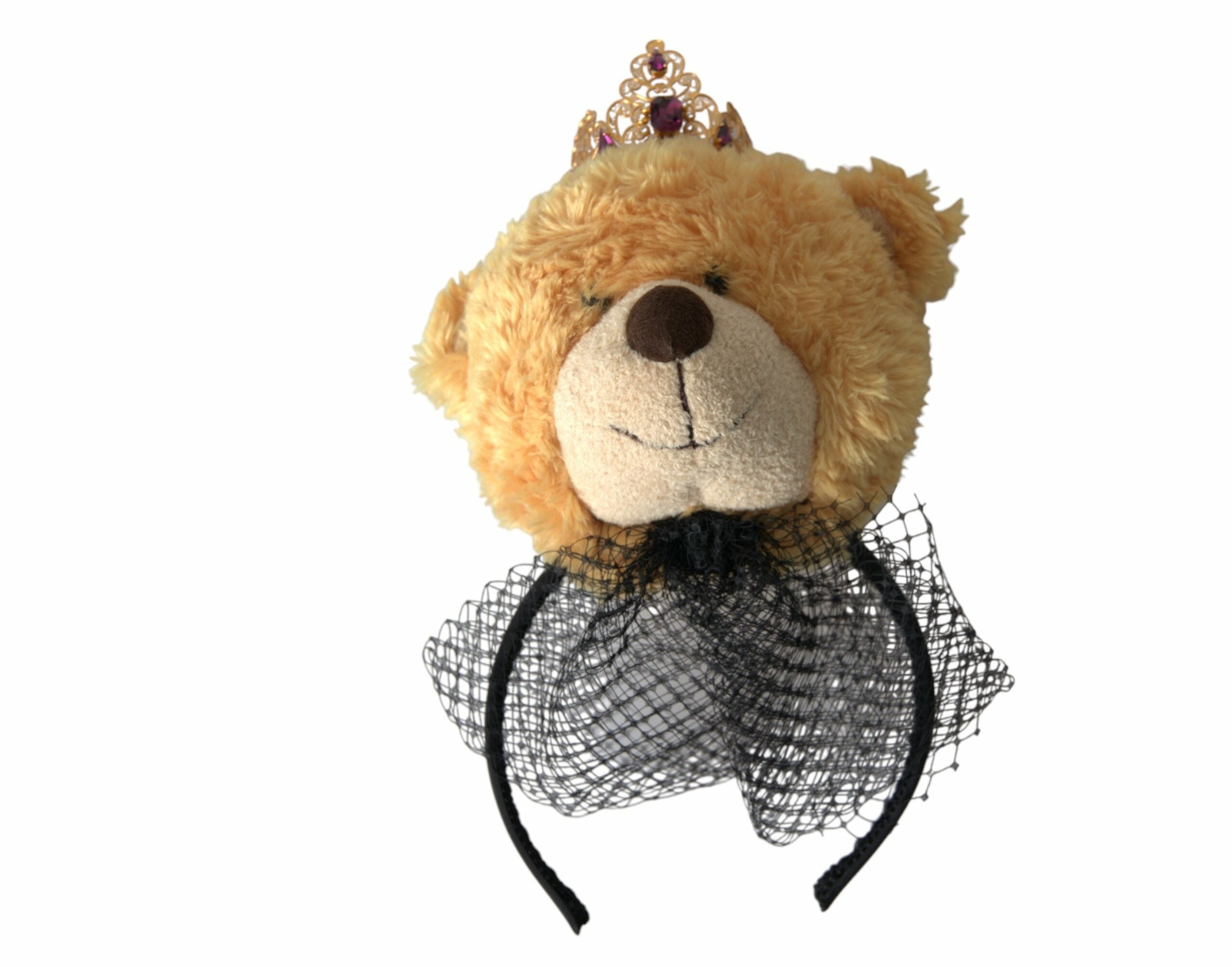 Bentiță de păr Dolce &amp; Gabbana cu ursuleț de pluș maro și cristale aurii, cu coroană și diademă
