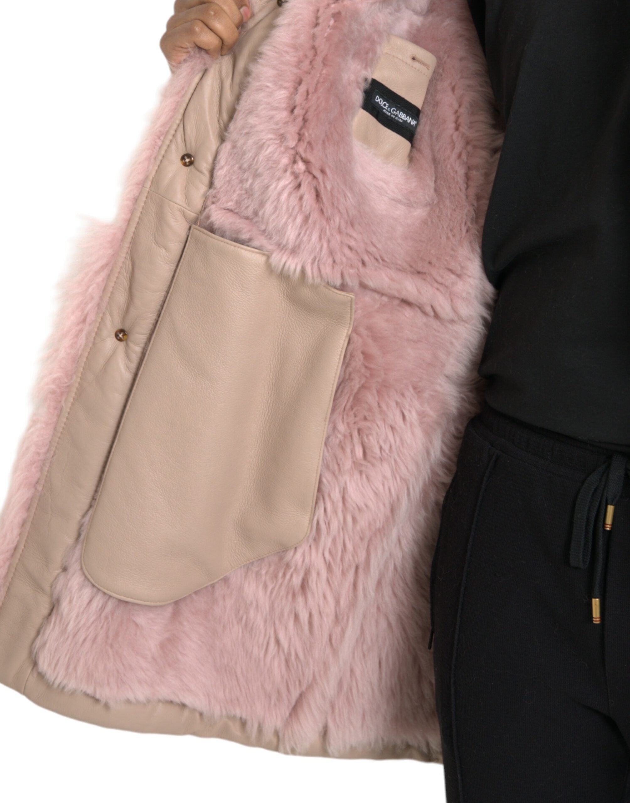 Jachetă Dolce &amp; Gabbana bej roz din piele de miel shearling