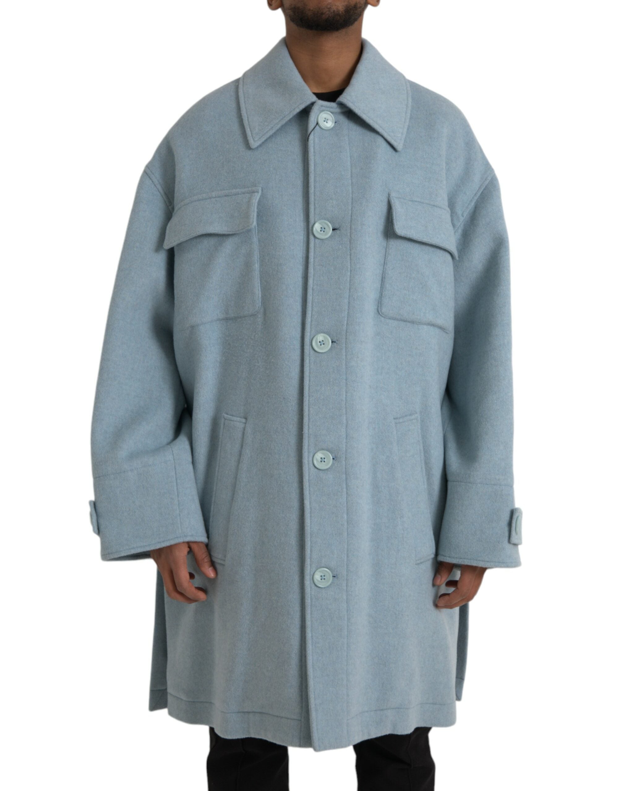 Dolce &amp; Gabbana – Hellblaue Trenchcoat-Jacke aus Wolle mit Knöpfen