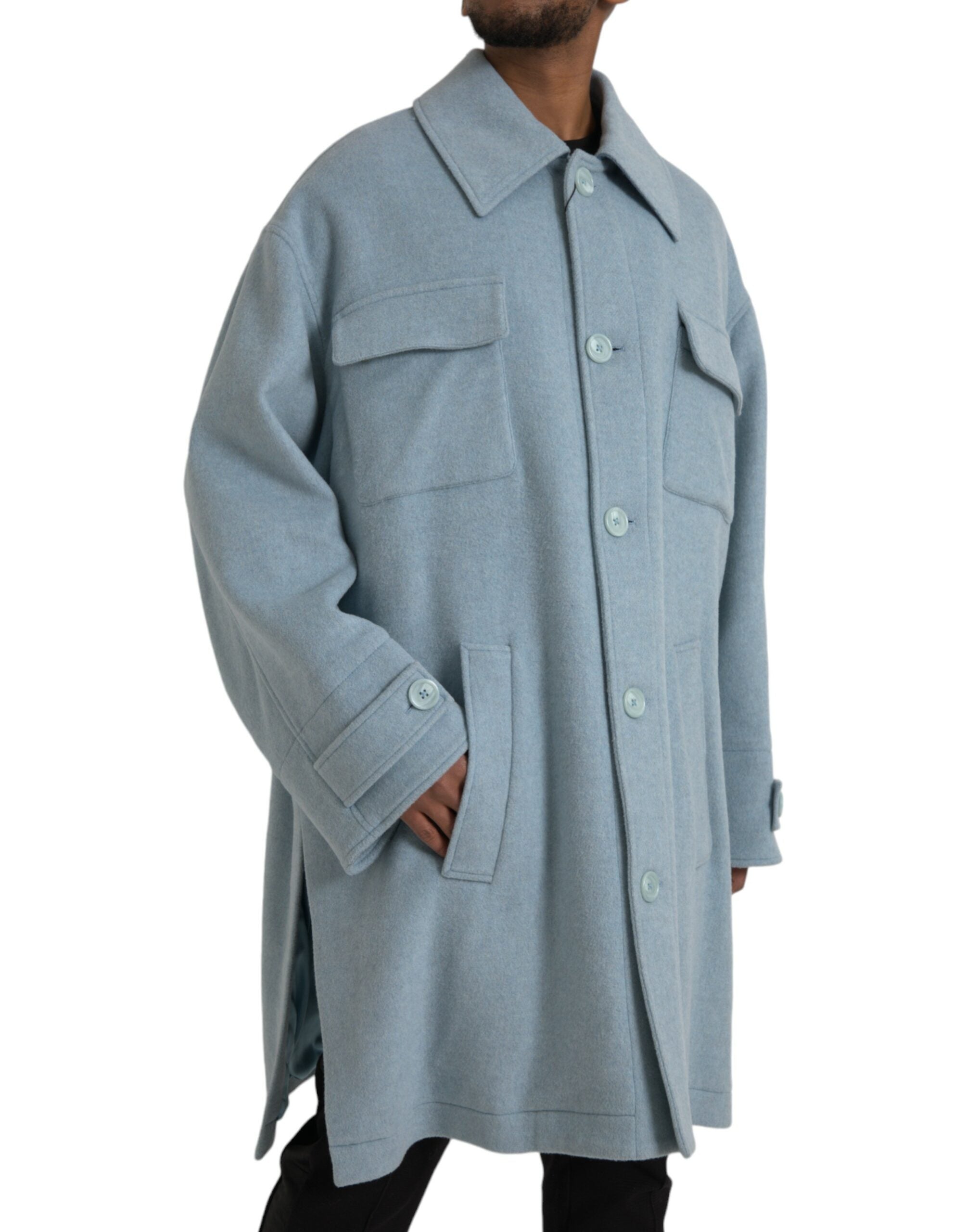 Dolce &amp; Gabbana – Hellblaue Trenchcoat-Jacke aus Wolle mit Knöpfen