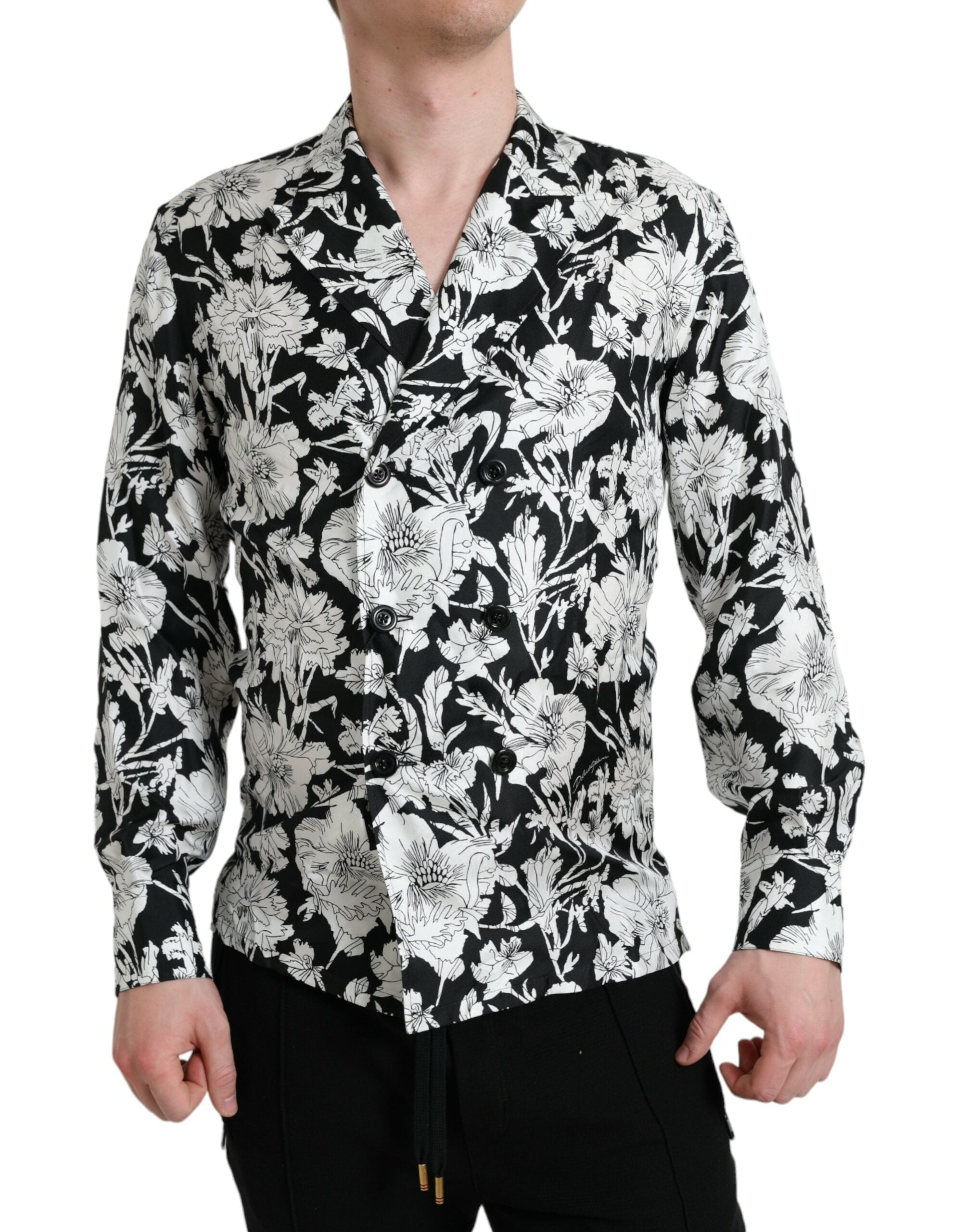 Dolce &amp; Gabbana – Freizeithemd mit Knopfleiste und Blumenmuster in Schwarz und Weiß