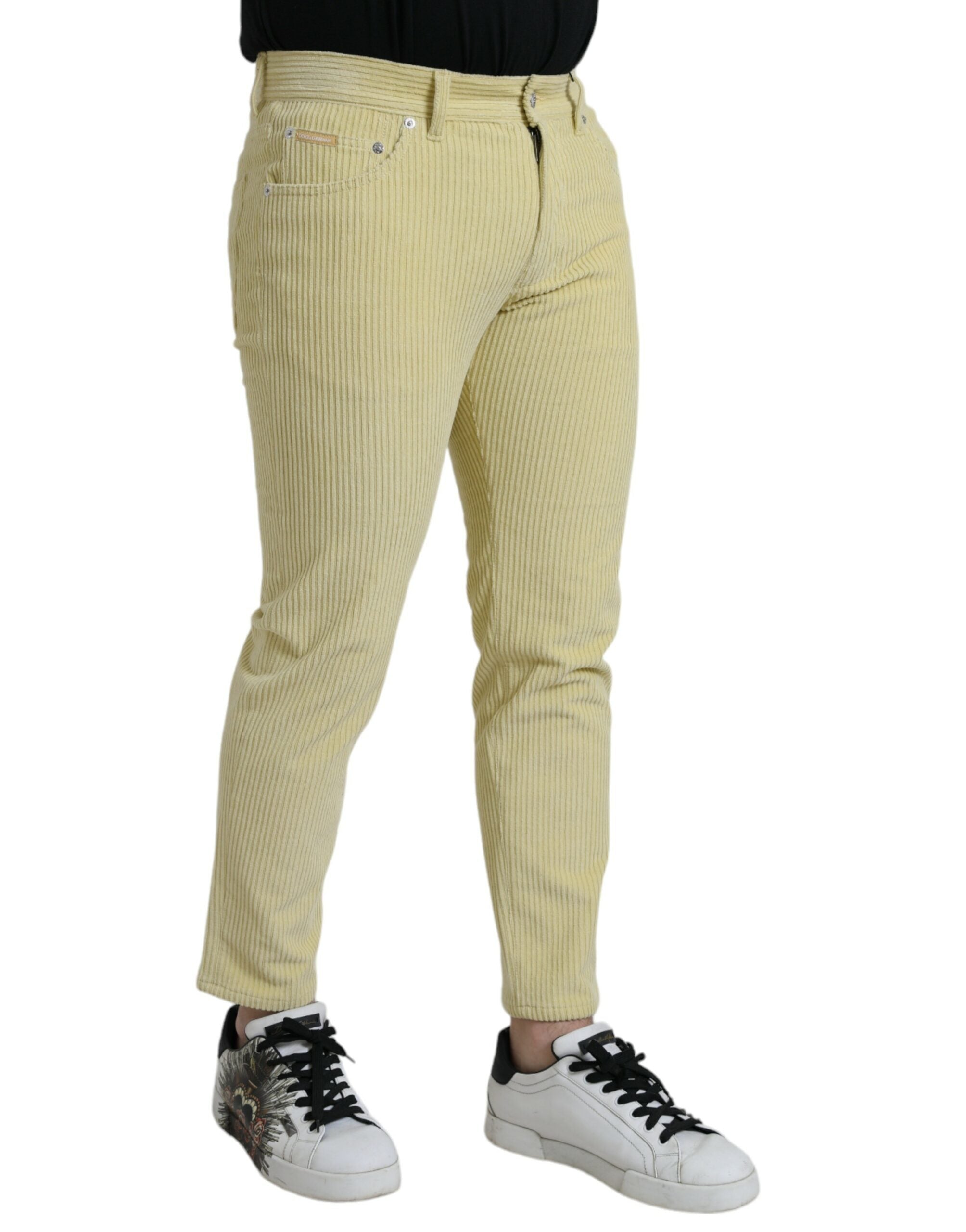 Dolce &amp; Gabbana – Gelbe Skinny-Jeans aus Cord mit Logo-Schild