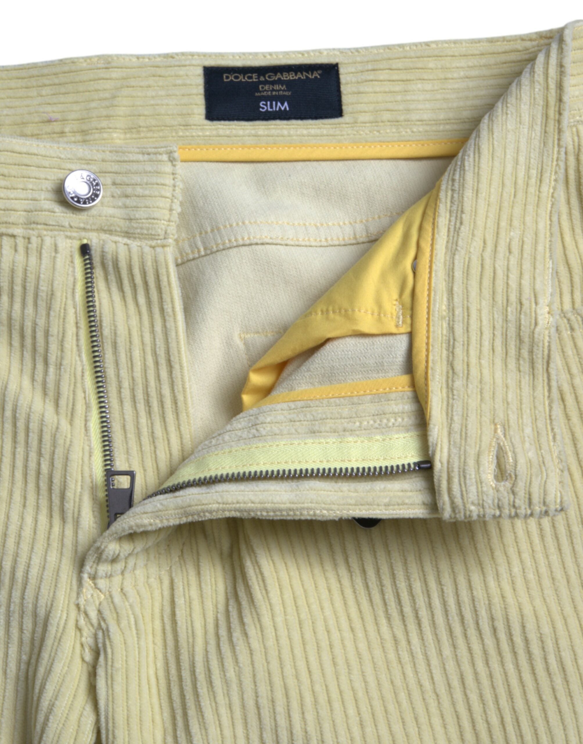 Dolce &amp; Gabbana – Gelbe Skinny-Jeans aus Cord mit Logo-Schild