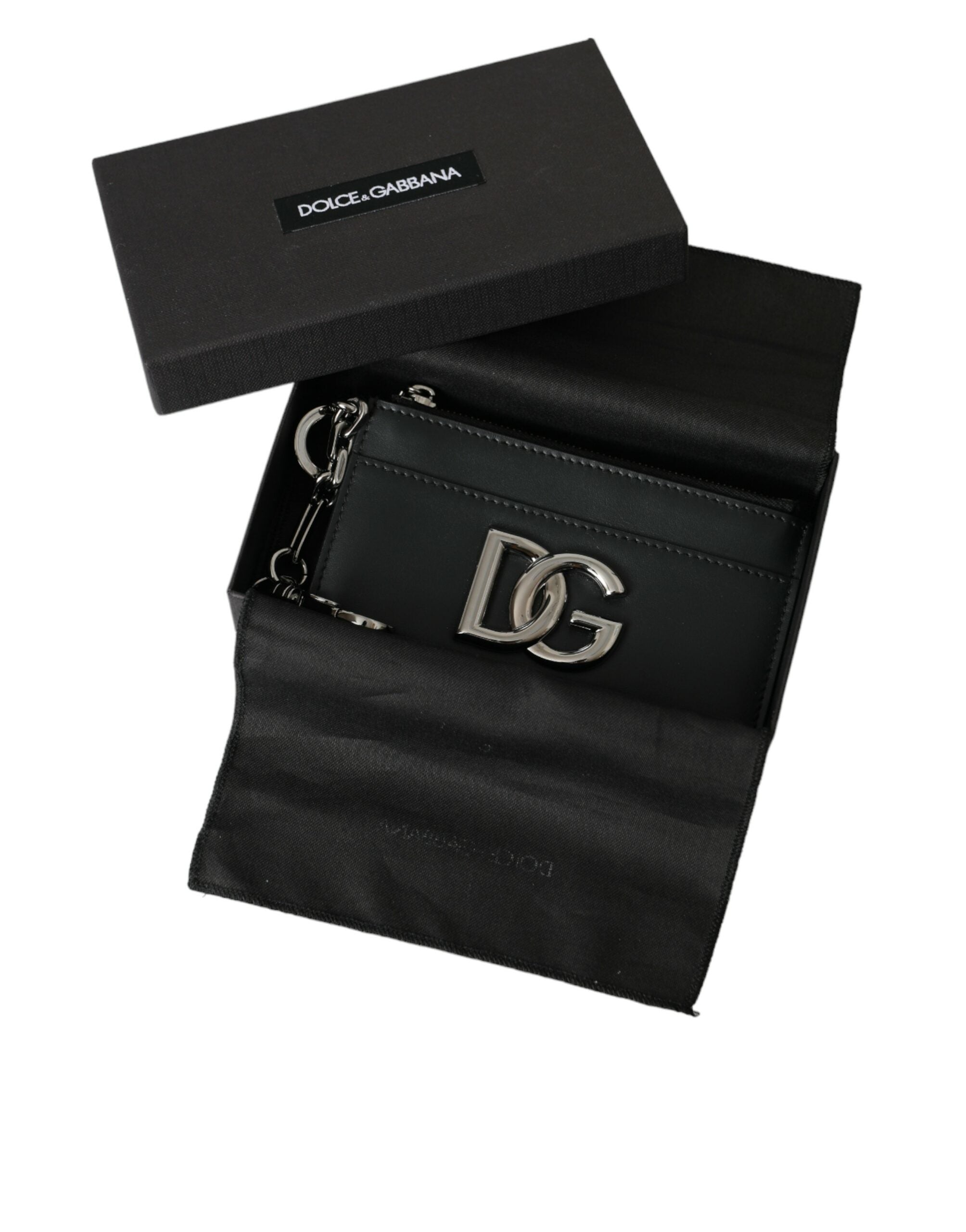 Portofel Dolce &amp; Gabbana negru din piele de vițel cu logo DG, tip port-card, pentru bărbați