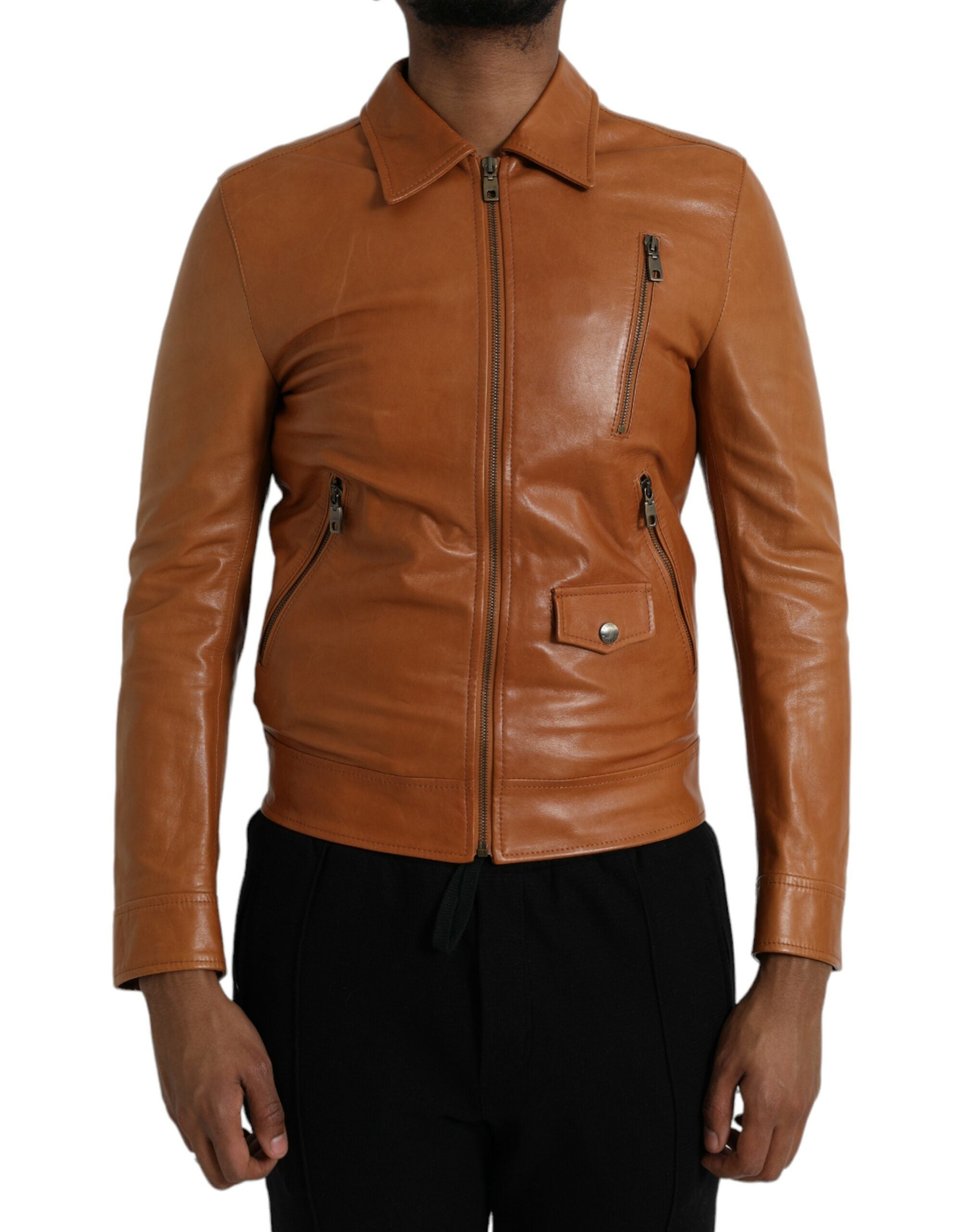 Dolce &amp; Gabbana – Blousonjacke aus braunem Lammleder mit durchgehendem Reißverschluss