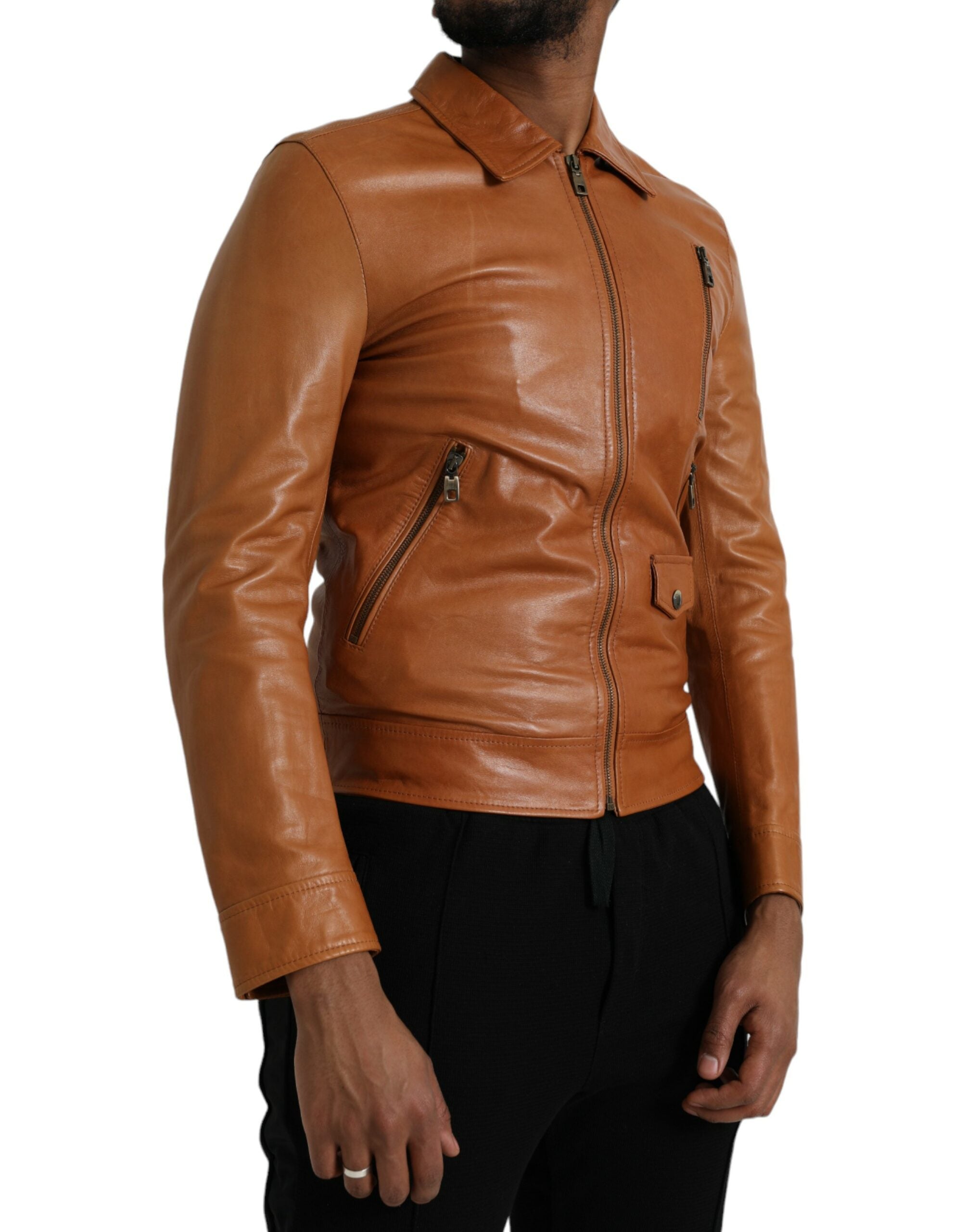 Dolce &amp; Gabbana – Blousonjacke aus braunem Lammleder mit durchgehendem Reißverschluss