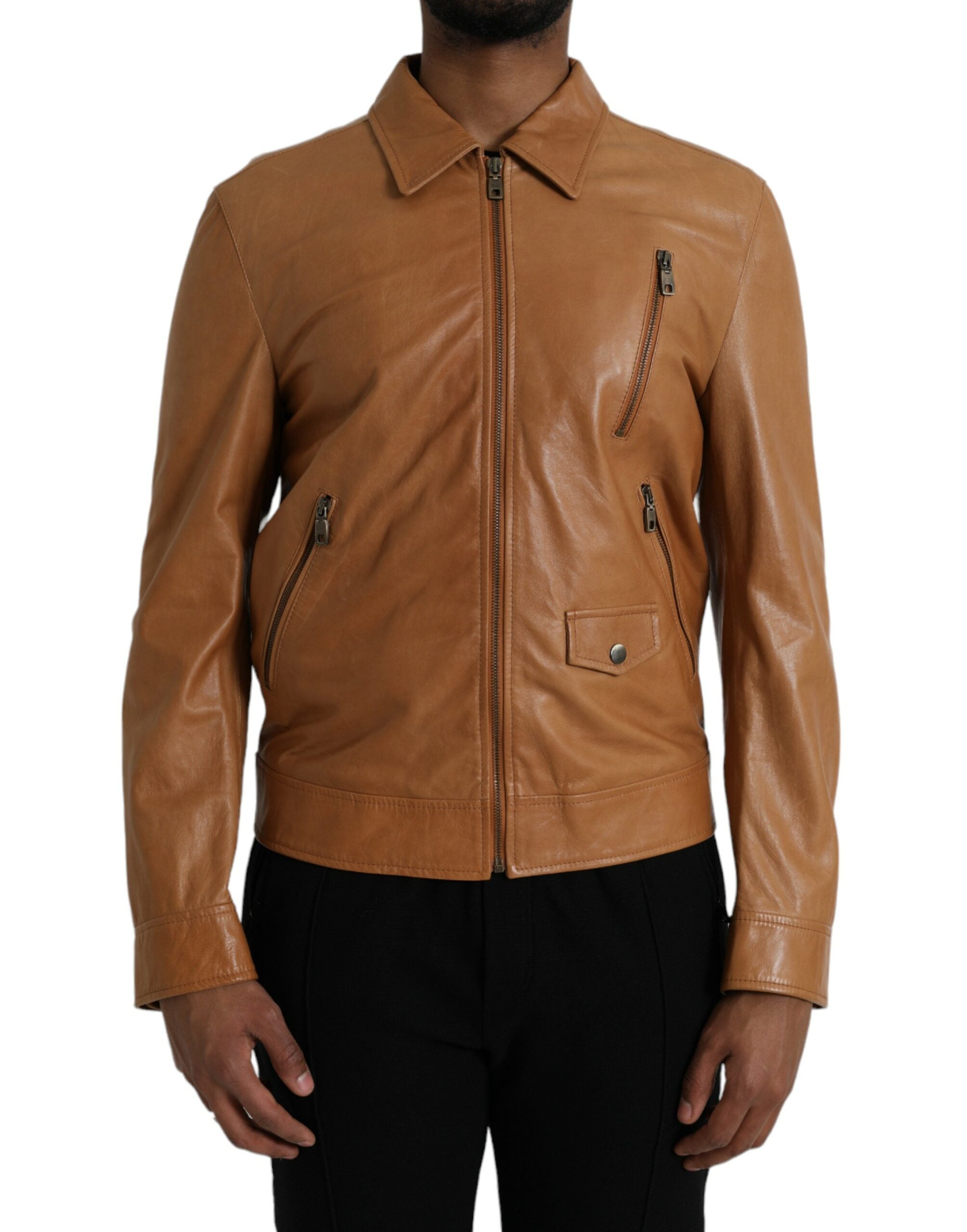 Dolce &amp; Gabbana – Blousonjacke aus braunem Lammleder mit durchgehendem Reißverschluss