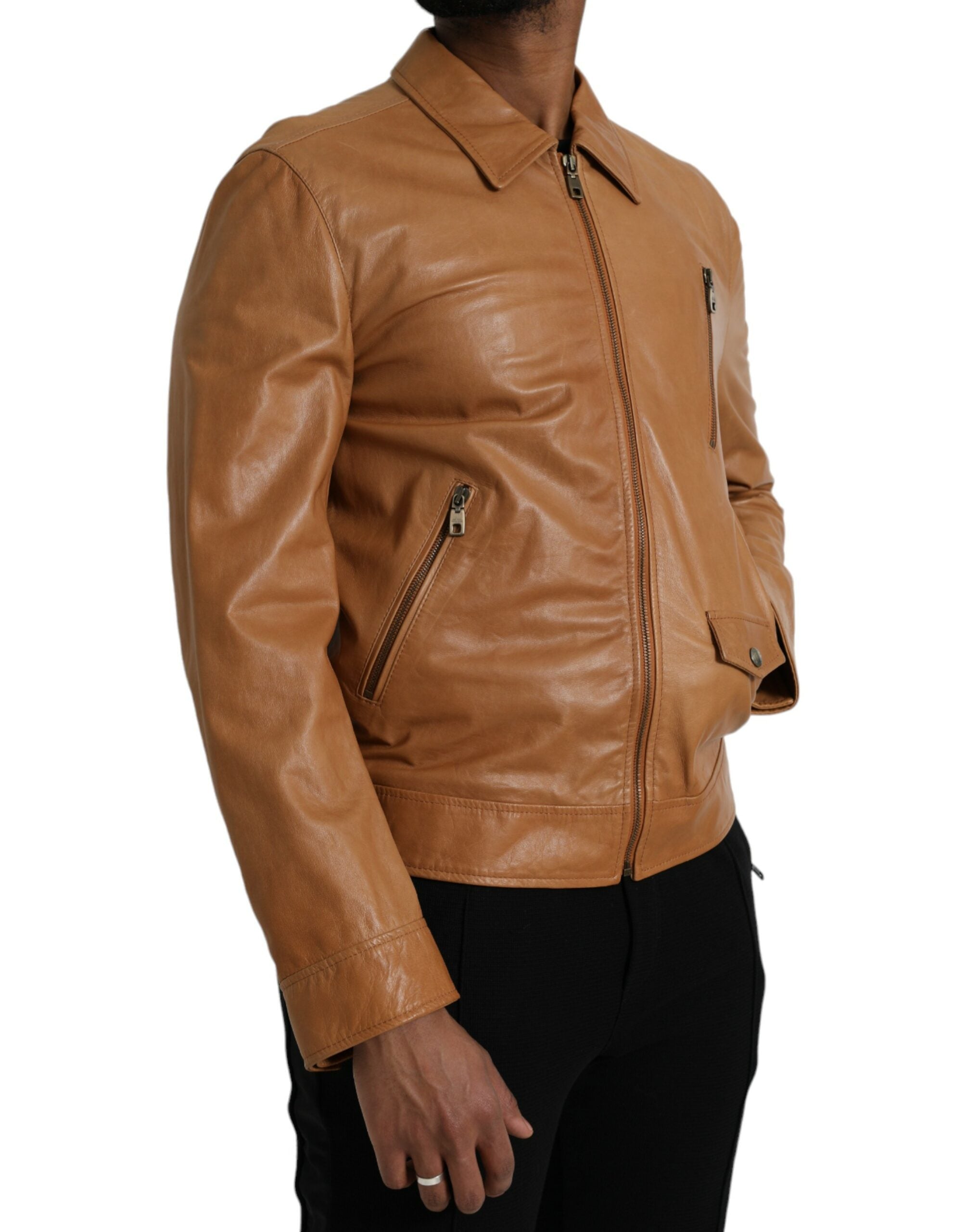 Dolce &amp; Gabbana – Blousonjacke aus braunem Lammleder mit durchgehendem Reißverschluss