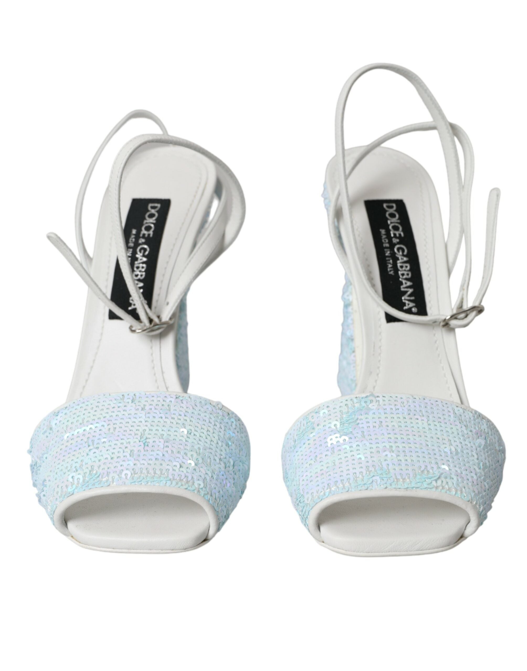 Dolce &amp; Gabbana Hellblaue Sandalen mit Knöchelriemen und Pailletten