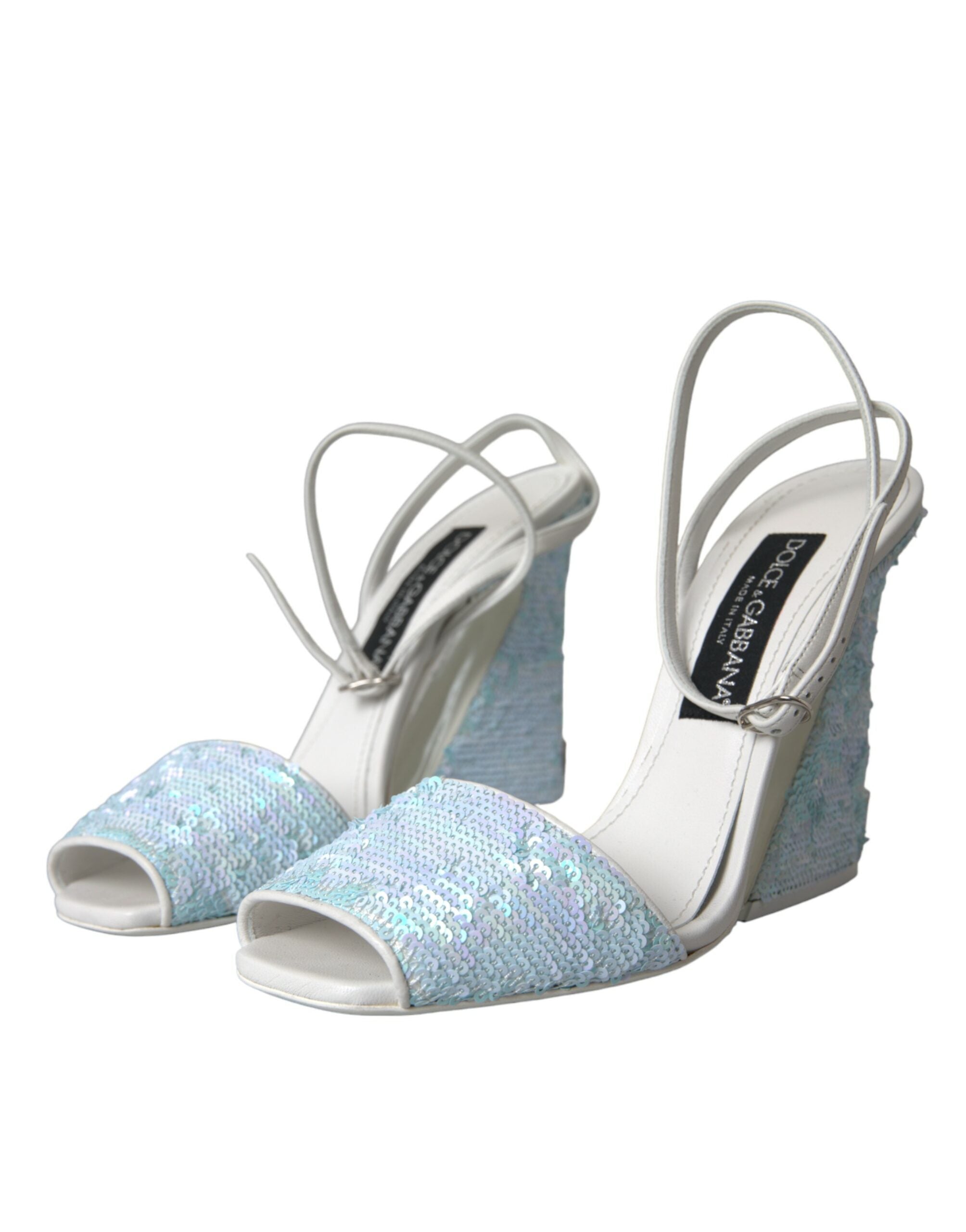 Dolce &amp; Gabbana Hellblaue Sandalen mit Knöchelriemen und Pailletten