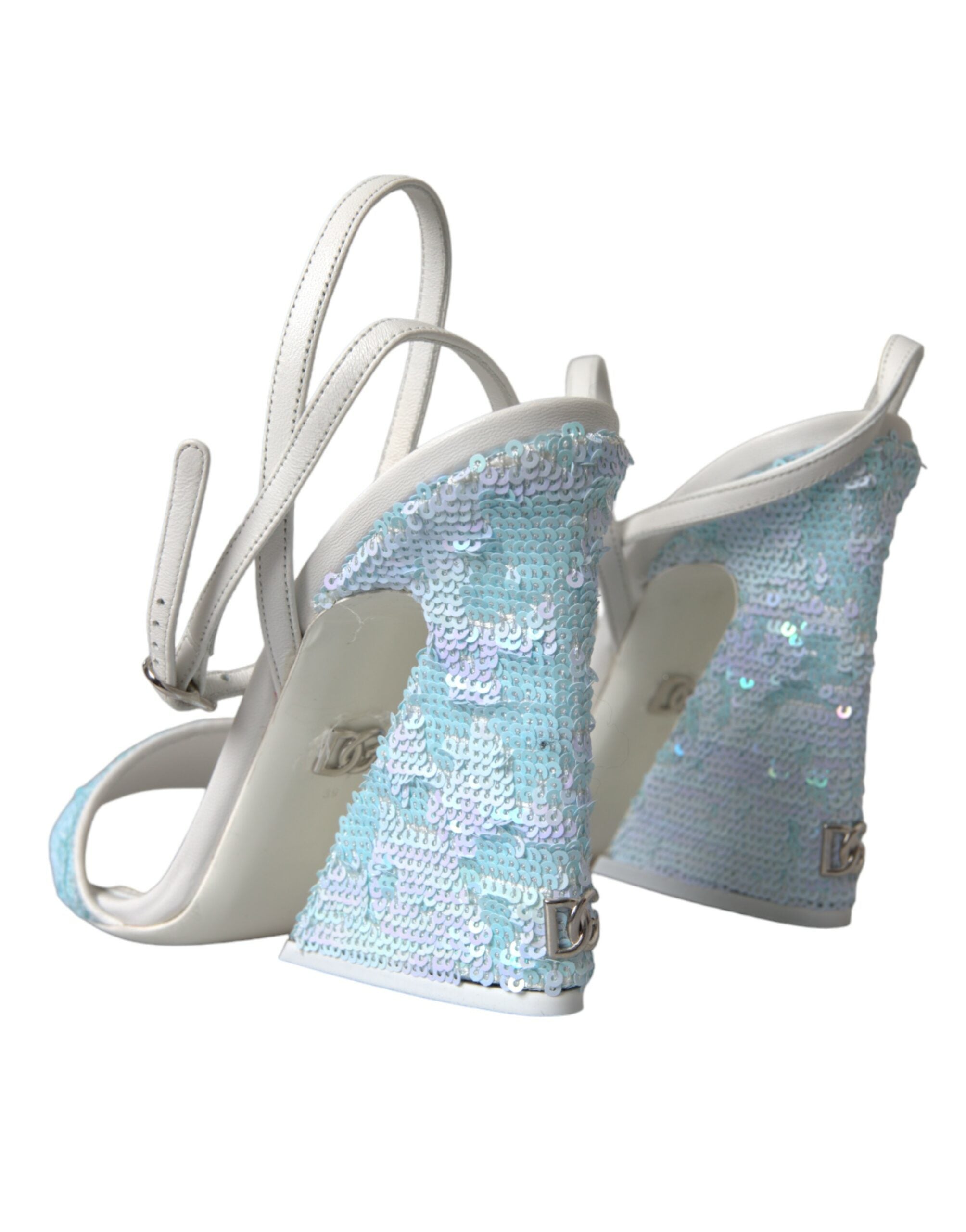 Dolce &amp; Gabbana Hellblaue Sandalen mit Knöchelriemen und Pailletten