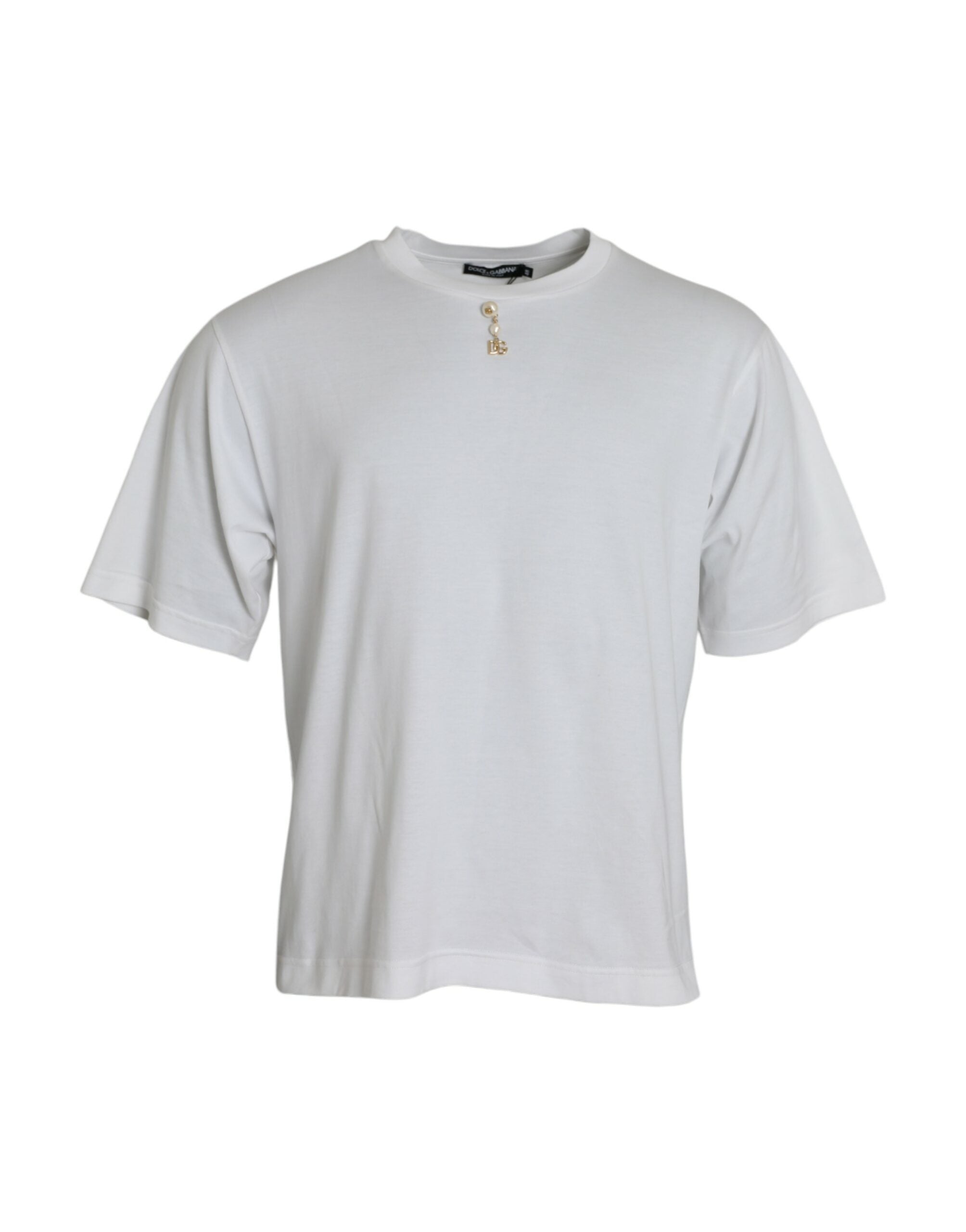 Tricou Dolce &amp; Gabbana alb cu guler rotund din bumbac și ornament