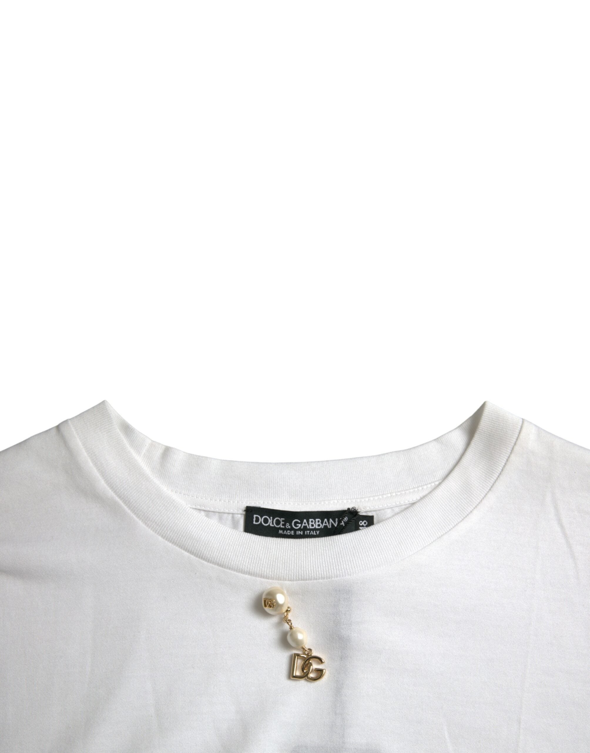 Tricou Dolce &amp; Gabbana alb cu guler rotund din bumbac și ornament