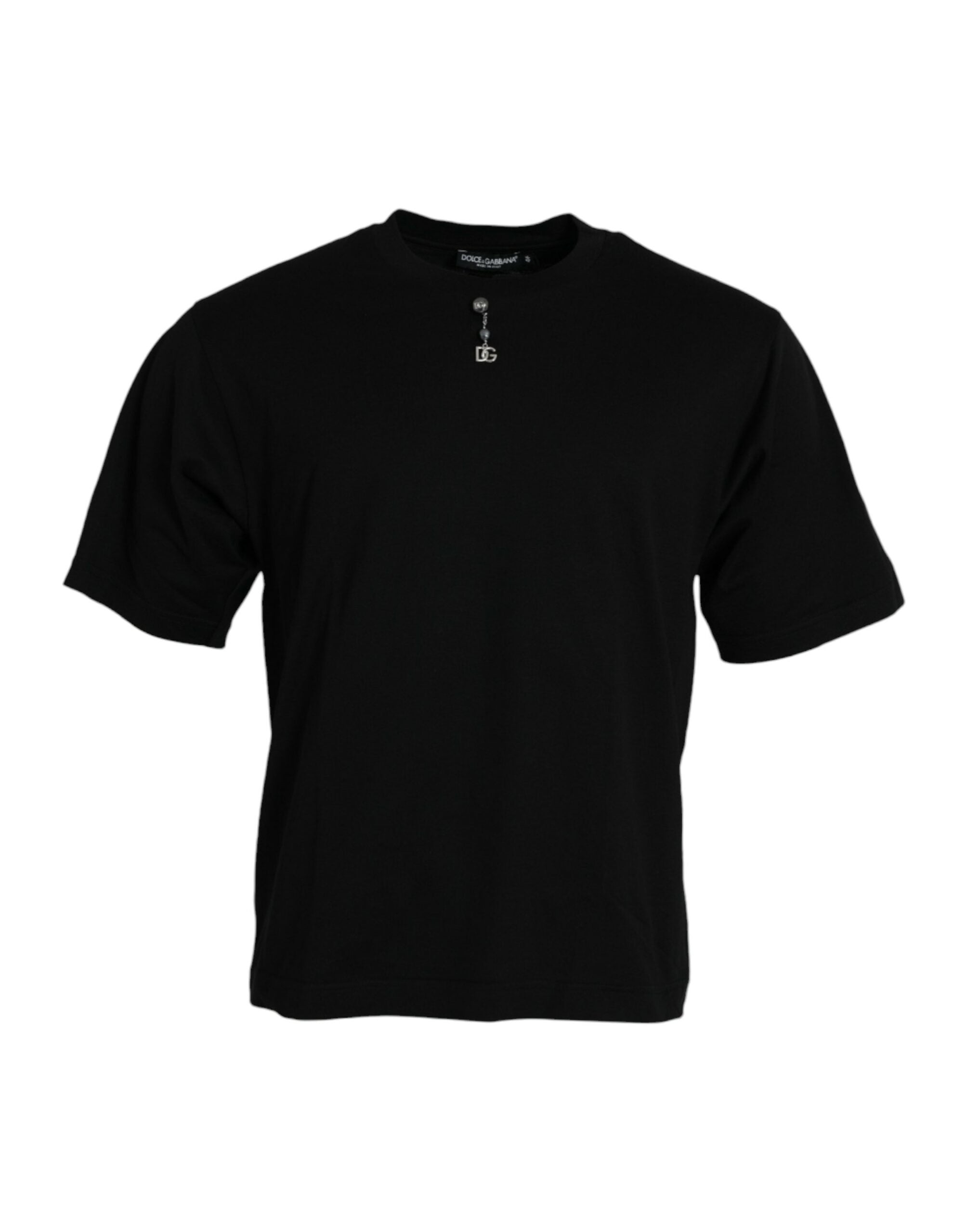 Tricou Dolce &amp; Gabbana negru cu guler rotund din bumbac și ornament