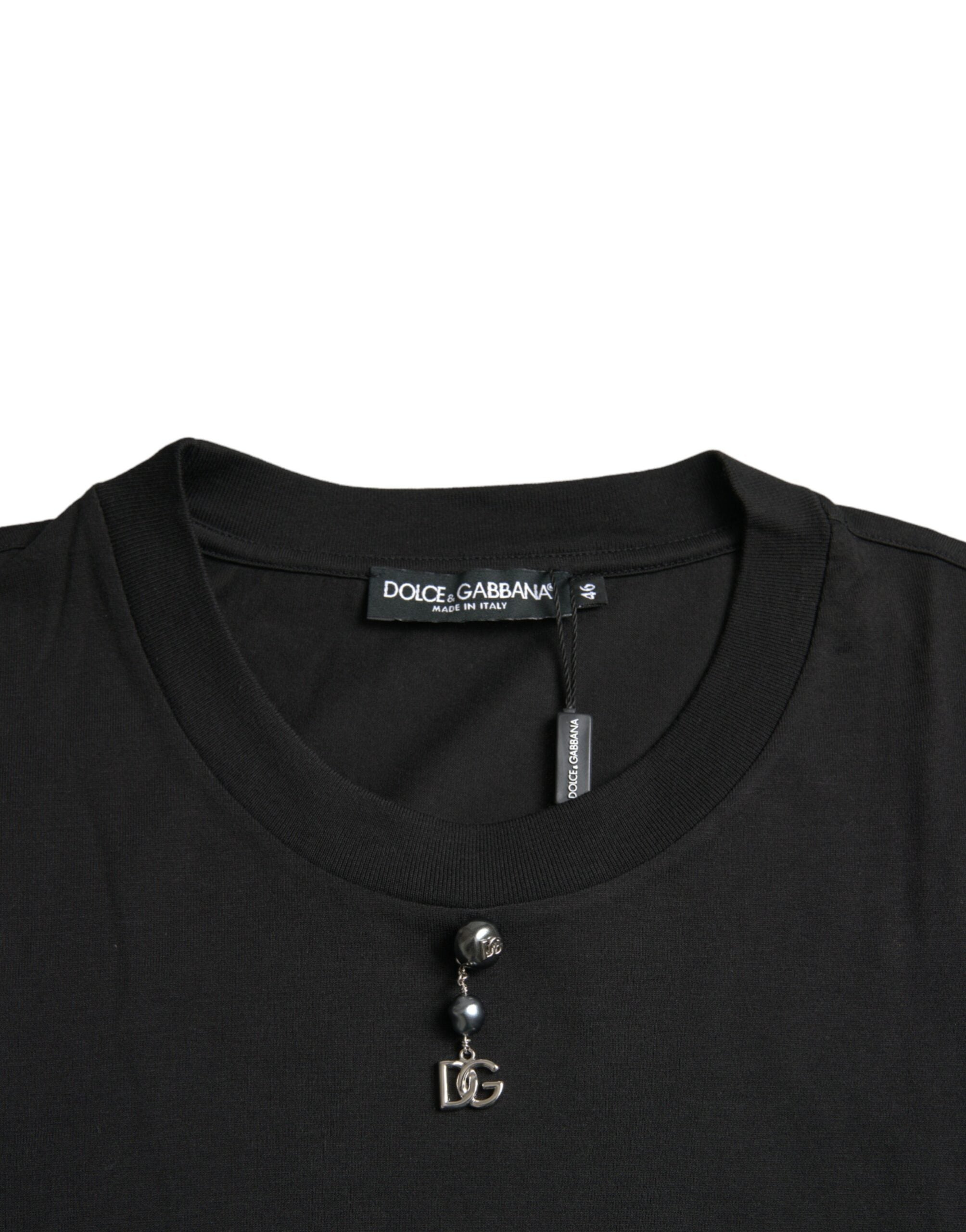 Tricou Dolce &amp; Gabbana negru cu guler rotund din bumbac și ornament
