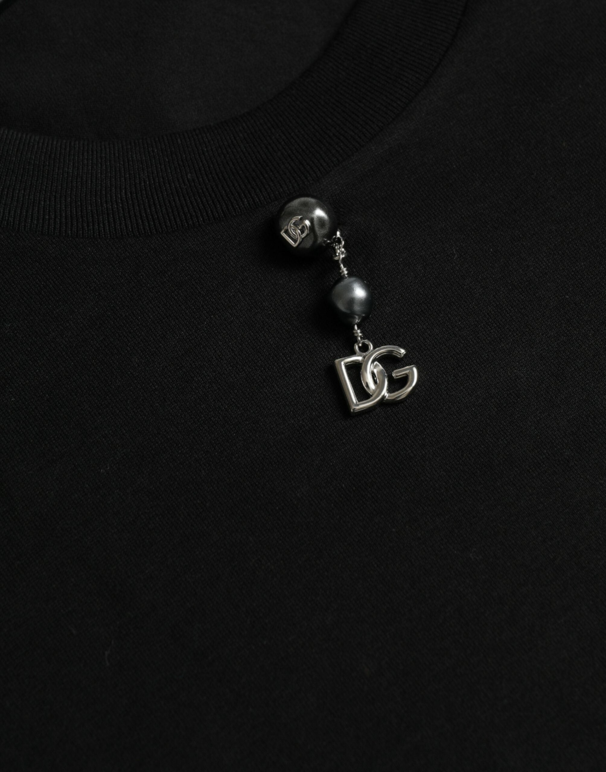 Tricou Dolce &amp; Gabbana negru cu guler rotund din bumbac și ornament