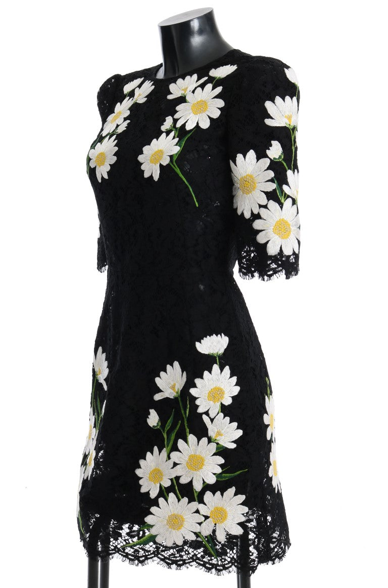 Dolce &amp; Gabbana Schwarzes Kleid aus floraler Spitze mit Kamillenstickerei
