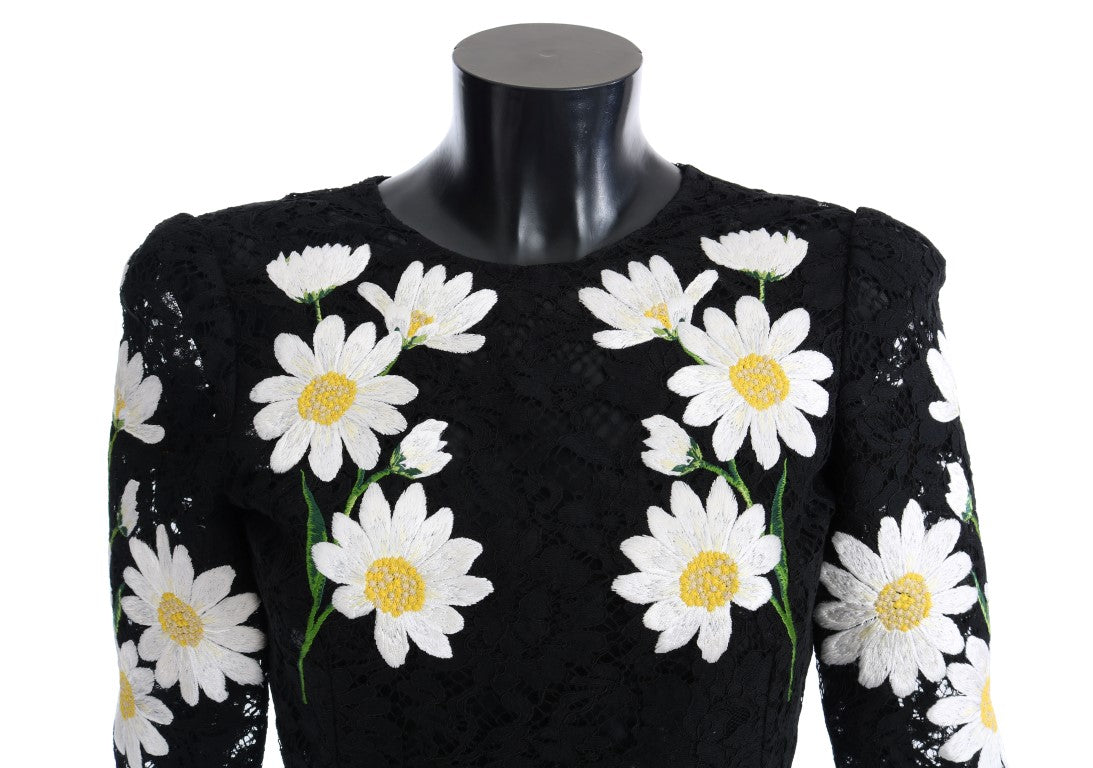 Rochie Dolce &amp; Gabbana neagră cu dantelă florală și broderie de mușețel