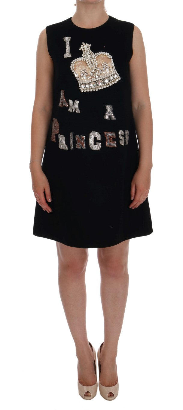 Dolce &amp; Gabbana Schwarzes Prinzessinnenkleid aus Wolle mit Kristallen