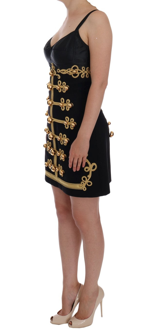 Dolce &amp; Gabbana Elegantes schwarzes ärmelloses A-Linien-Kleid mit goldenen Details