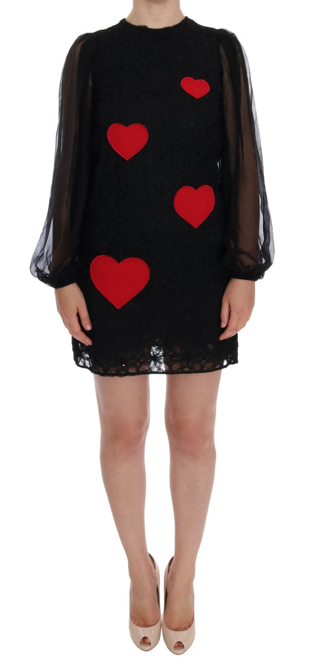 Dolce &amp; Gabbana – Elegantes schwarzes Etuikleid mit Herz-Applikationen aus Spitze
