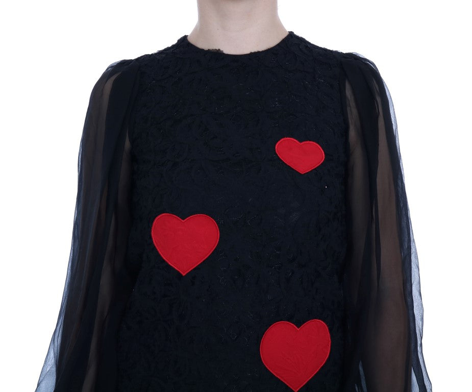 Dolce &amp; Gabbana – Elegantes schwarzes Etuikleid mit Herz-Applikationen aus Spitze