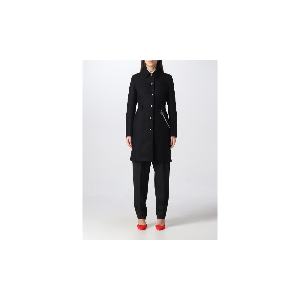Love Moschino – Eleganter schwarzer Wollmantel mit silbernem Kettendetail