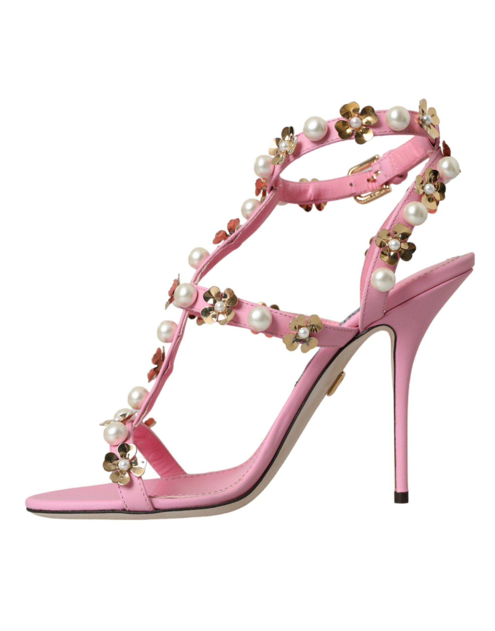 Sandale Dolce &amp; Gabbana roz din piele cu toc decorativ
