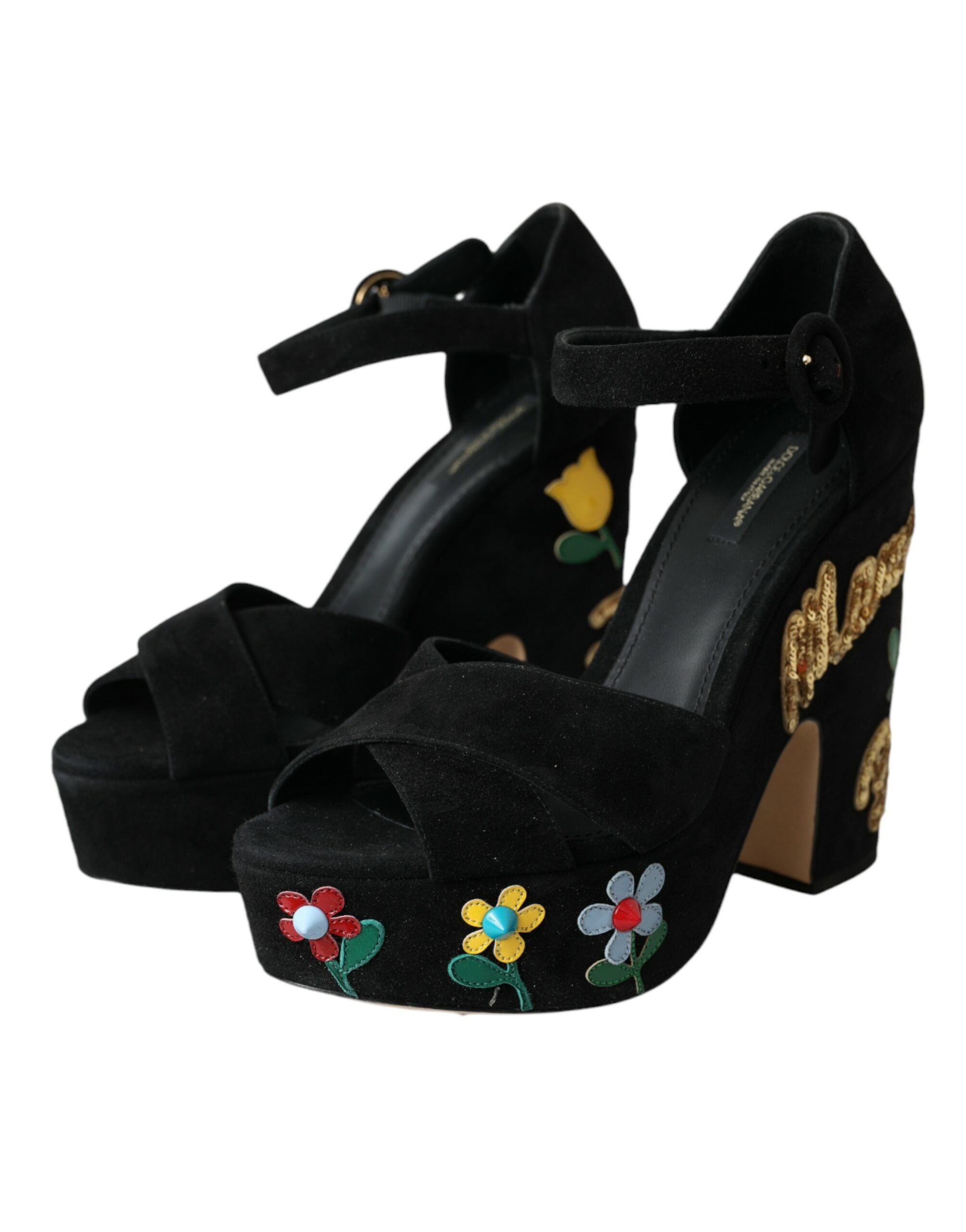 Sandale Dolce &amp; Gabbana negre cu toc floral și bareta la gleznă
