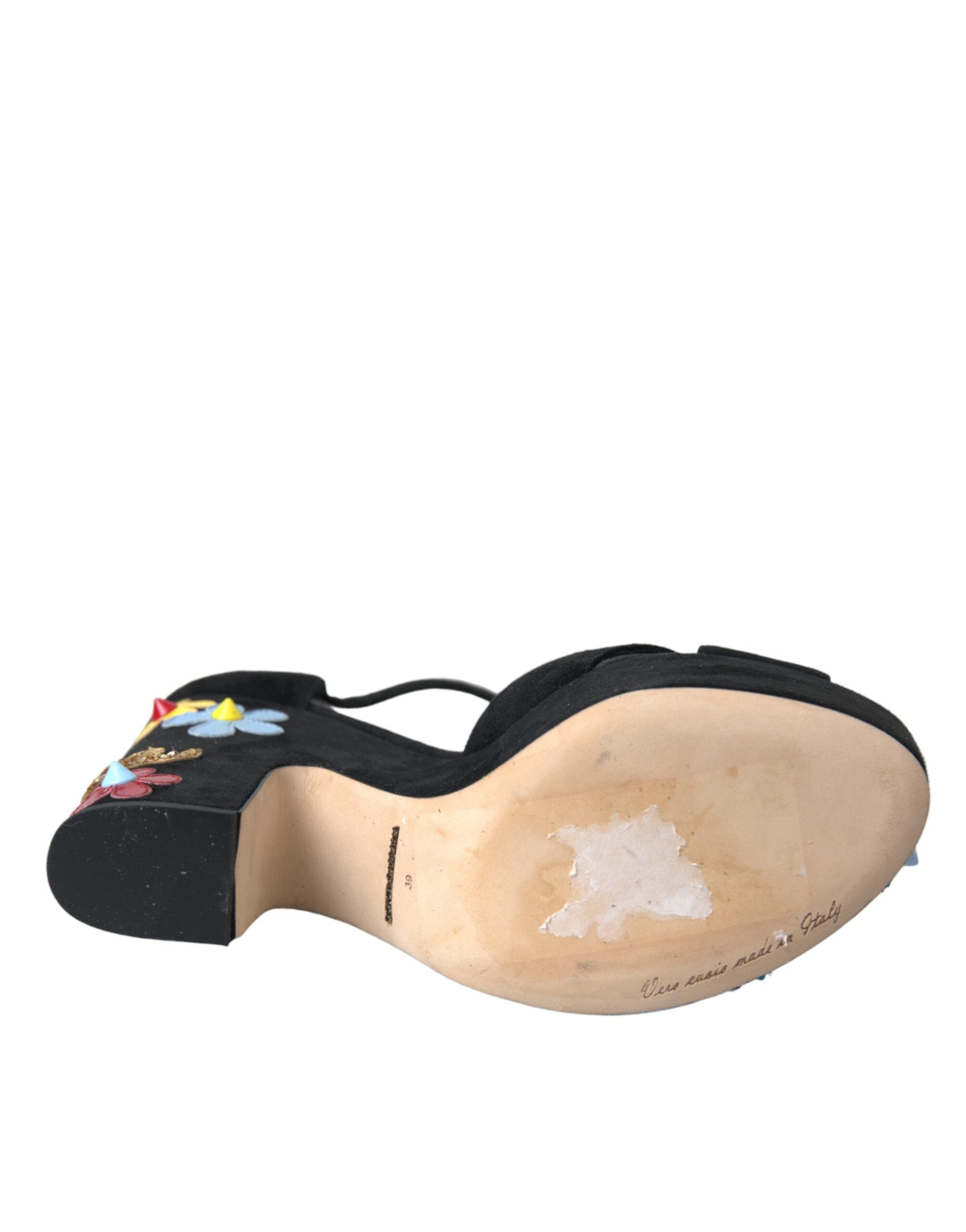 Sandale Dolce &amp; Gabbana negre cu toc floral și bareta la gleznă