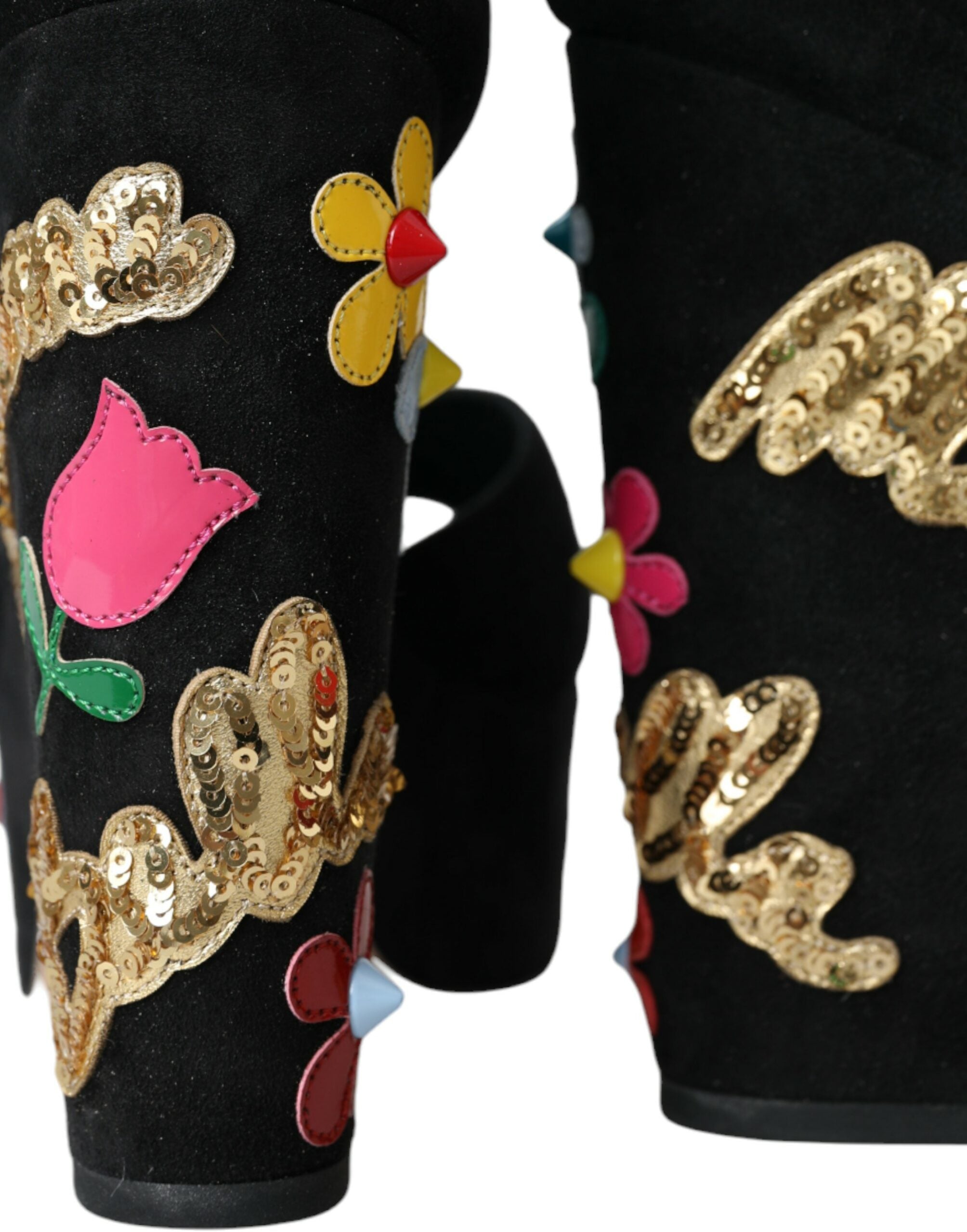 Sandale Dolce &amp; Gabbana negre cu toc floral și bareta la gleznă