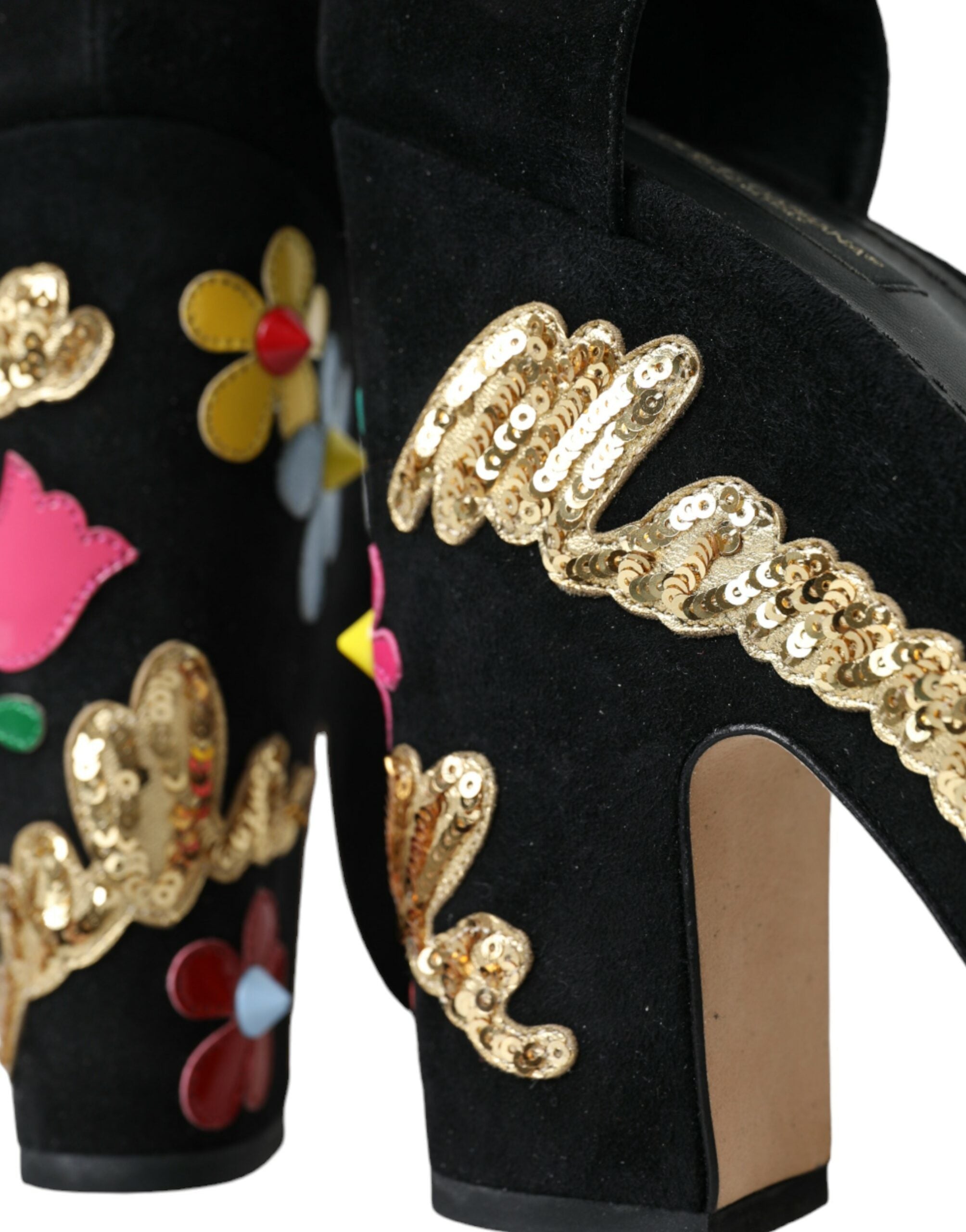 Sandale Dolce &amp; Gabbana negre cu toc floral și bareta la gleznă