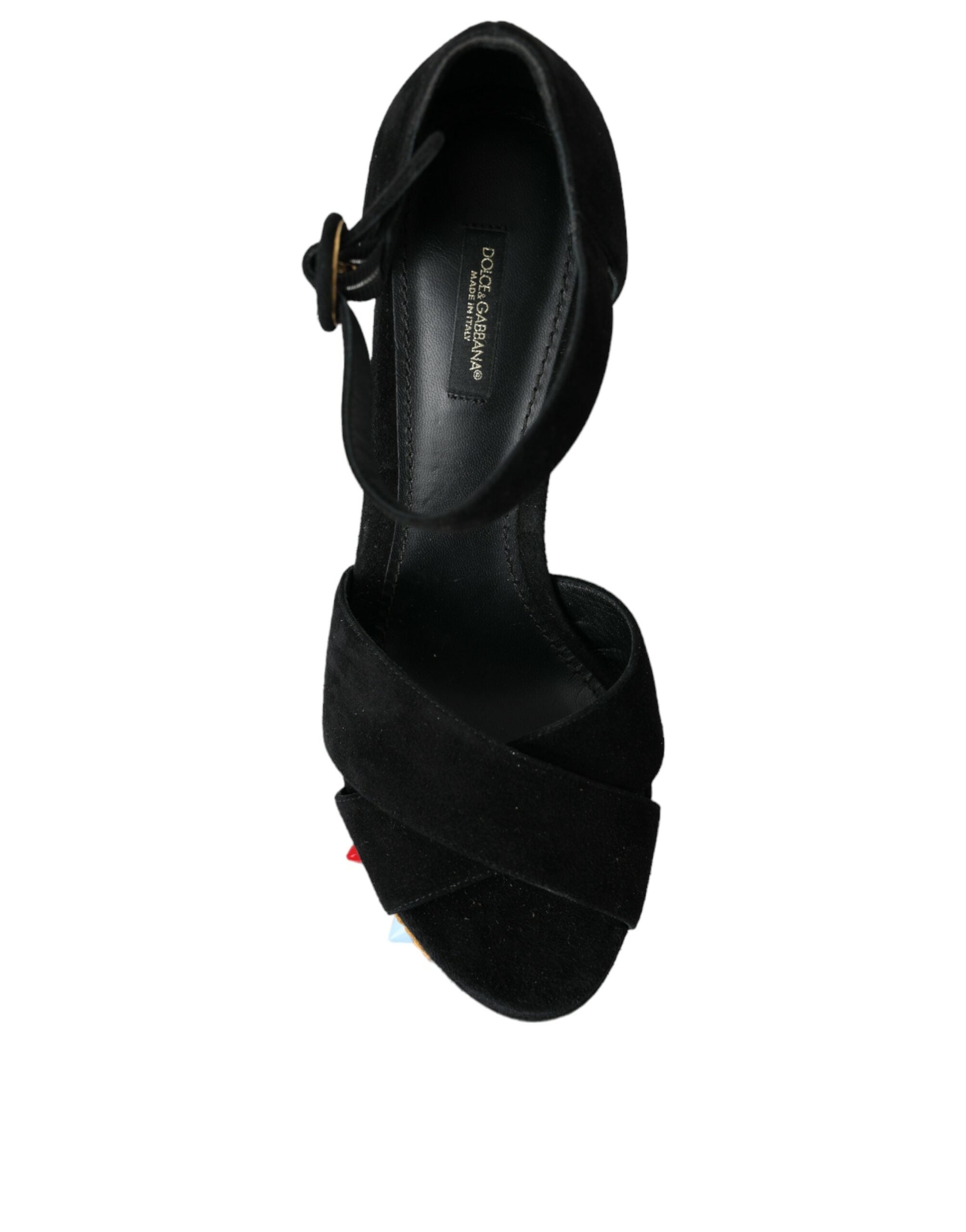 Sandale Dolce &amp; Gabbana negre cu toc floral și bareta la gleznă