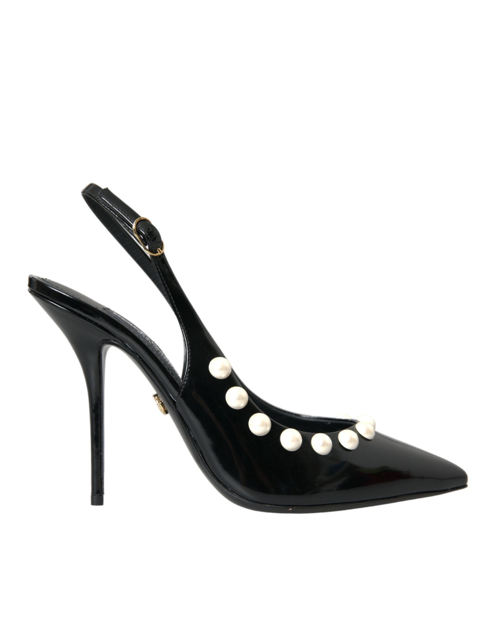Dolce &amp; Gabbana – Slingback-Schuhe aus schwarzem Leder mit Kunstperlenabsatz