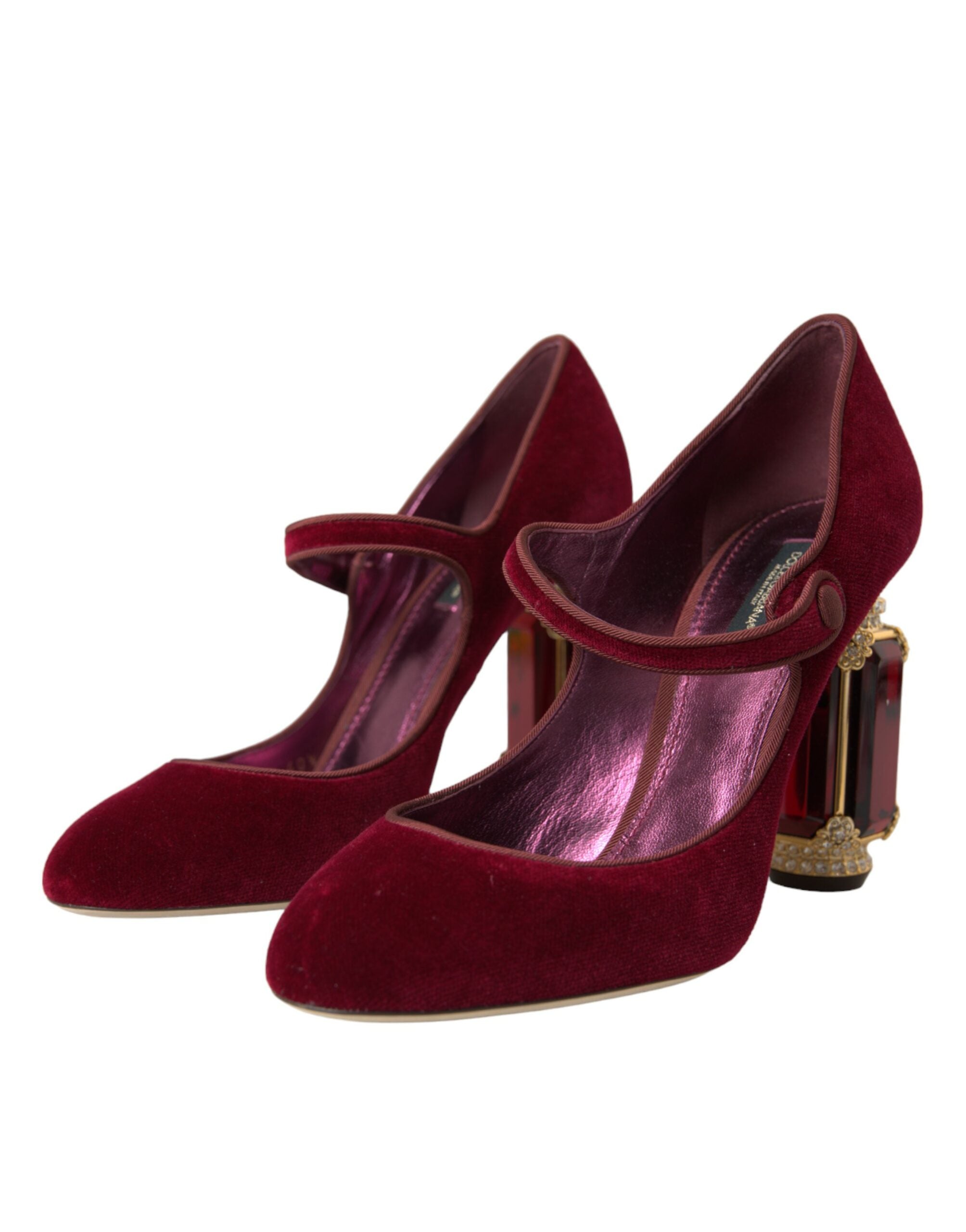 Dolce &amp; Gabbana – Mary-Jane-Schuhe aus rotem Samt mit goldenen Kristallen