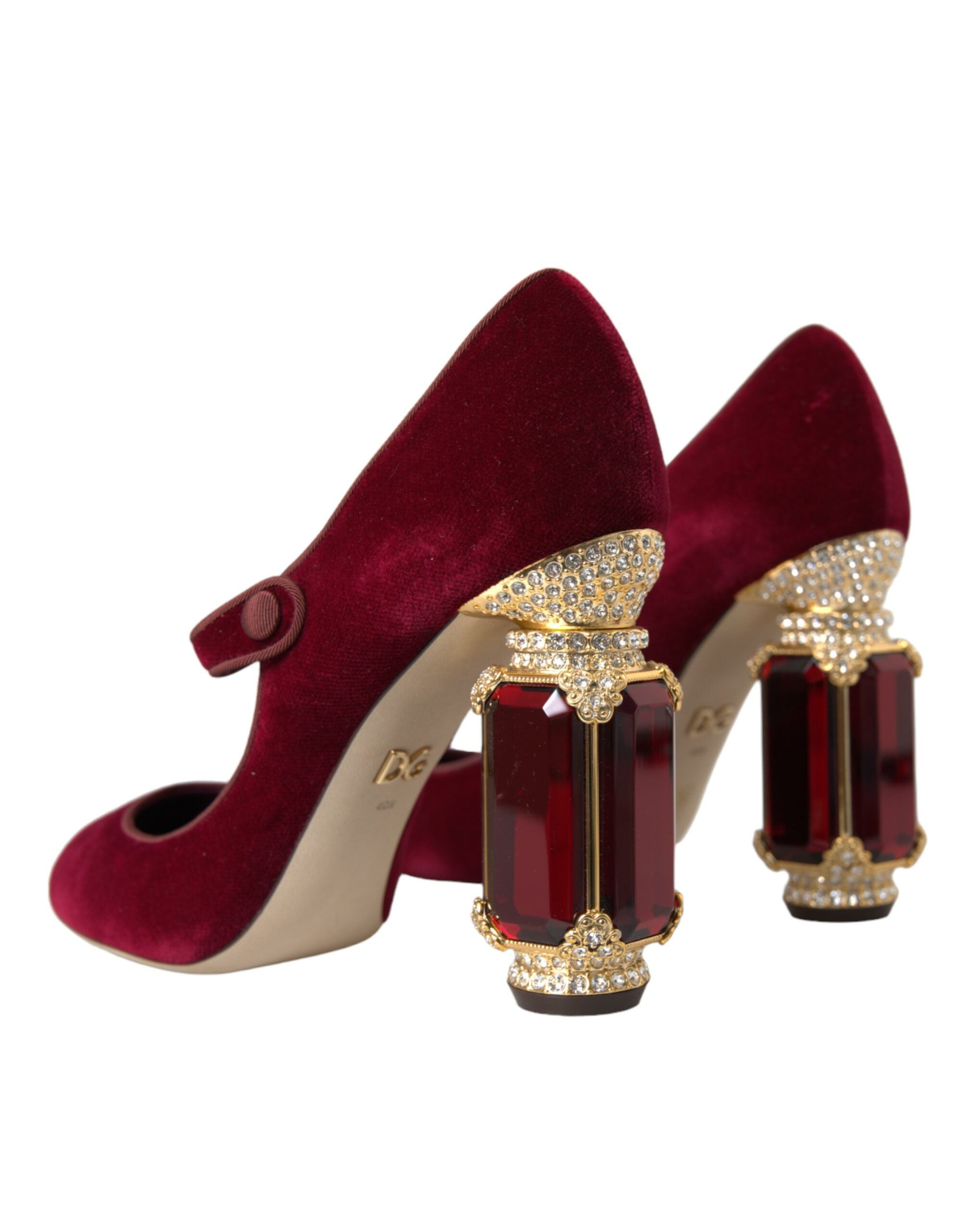 Dolce &amp; Gabbana – Mary-Jane-Schuhe aus rotem Samt mit goldenen Kristallen