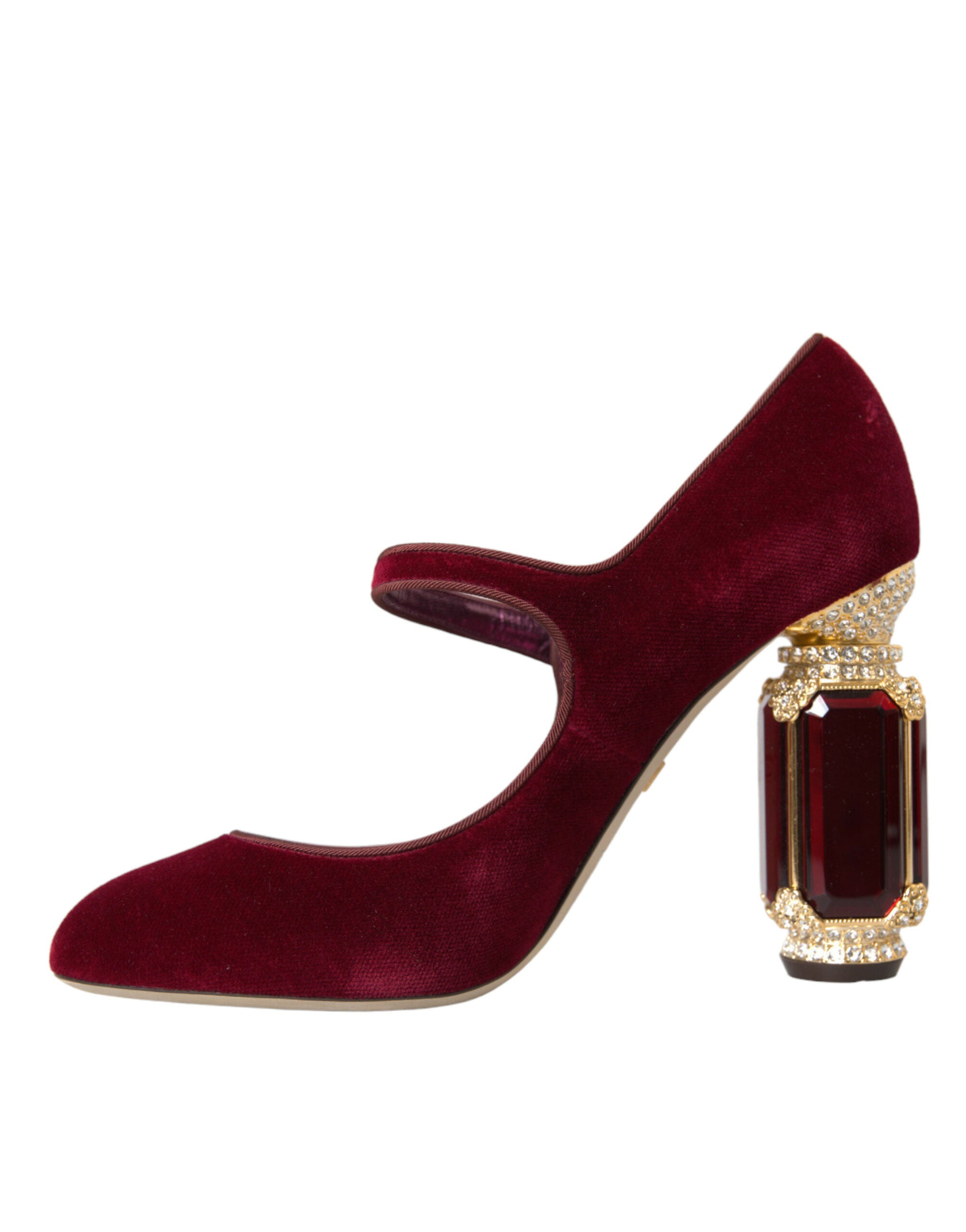Dolce &amp; Gabbana – Mary-Jane-Schuhe aus rotem Samt mit goldenen Kristallen