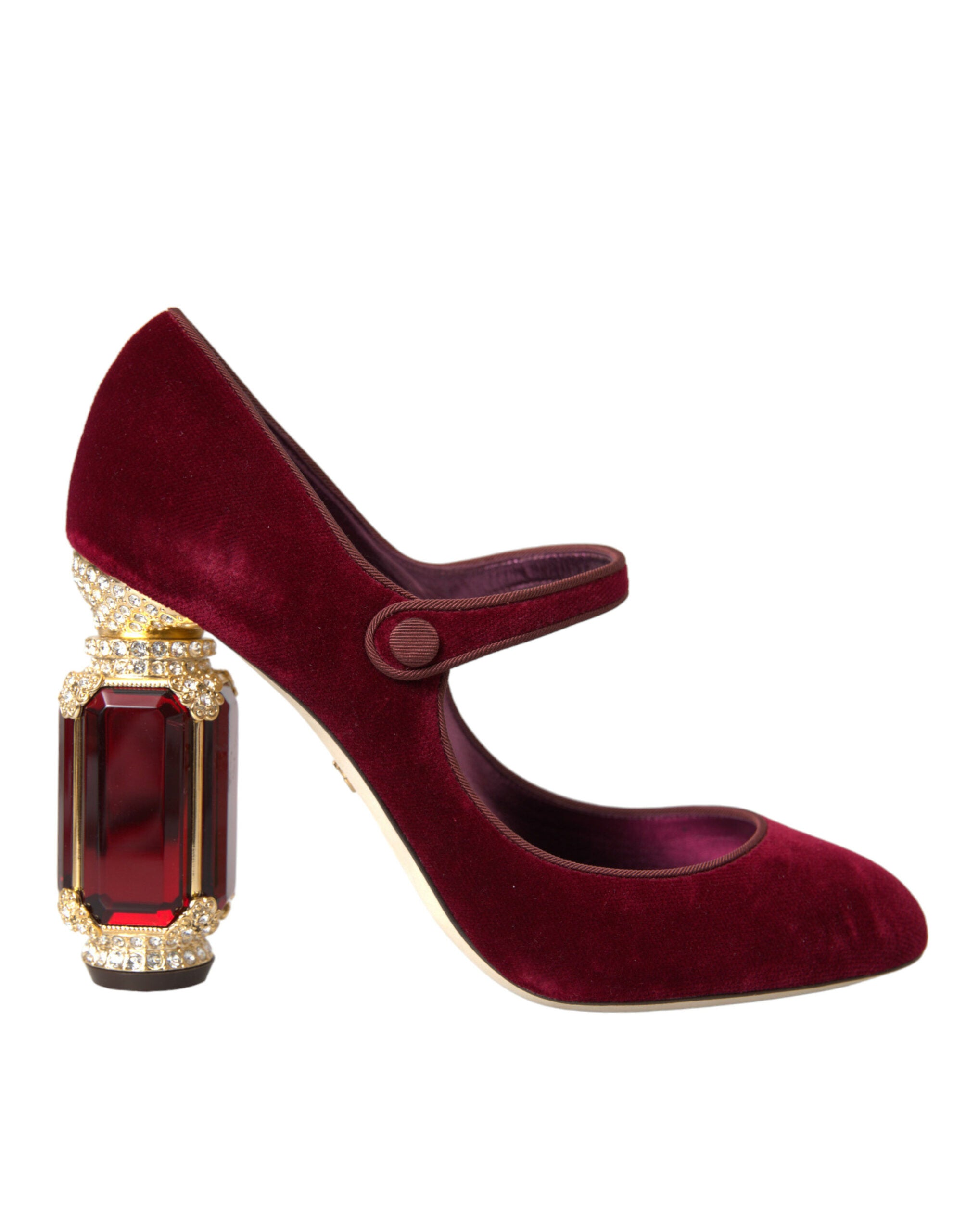 Dolce &amp; Gabbana – Mary-Jane-Schuhe aus rotem Samt mit goldenen Kristallen