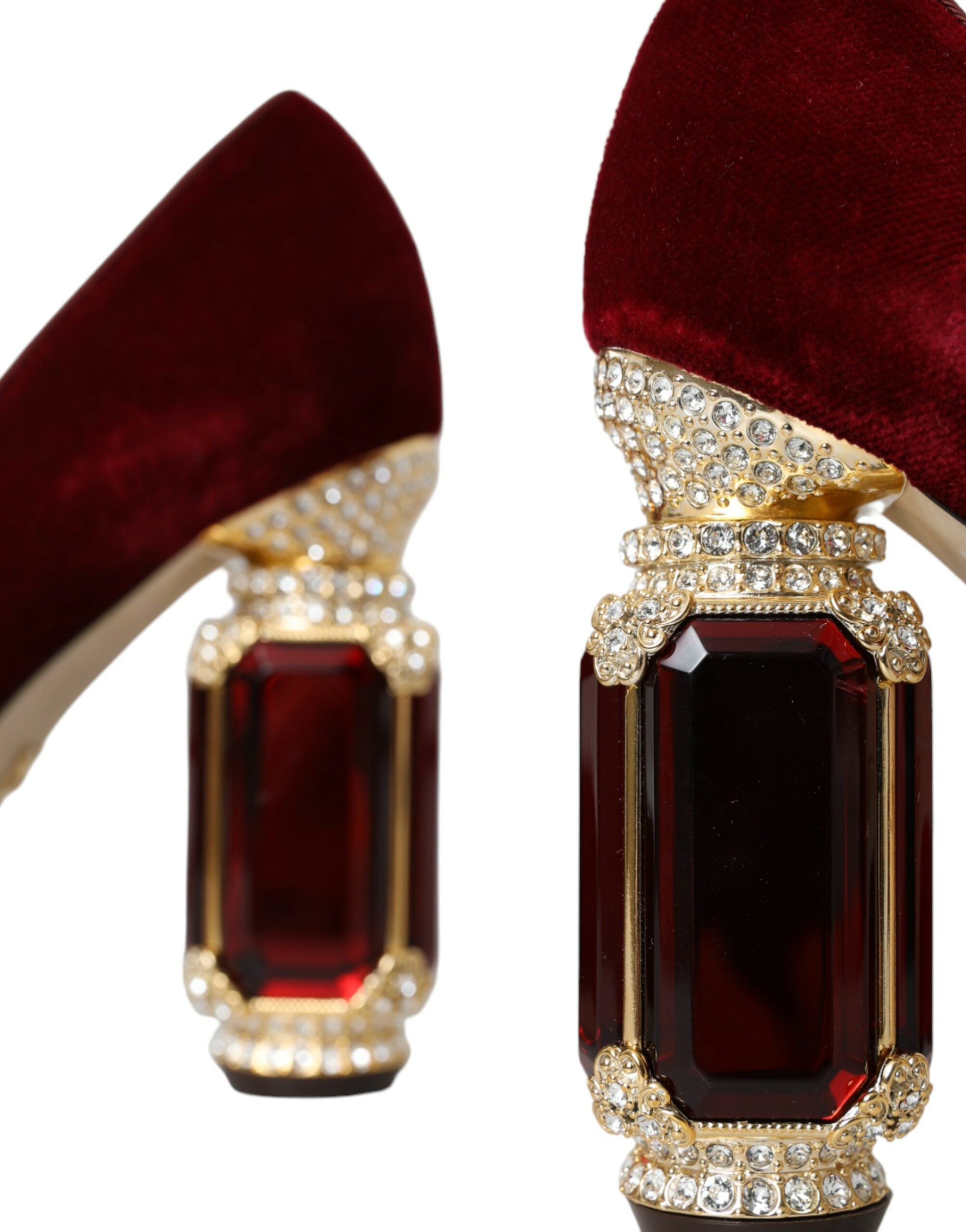 Dolce &amp; Gabbana – Mary-Jane-Schuhe aus rotem Samt mit goldenen Kristallen