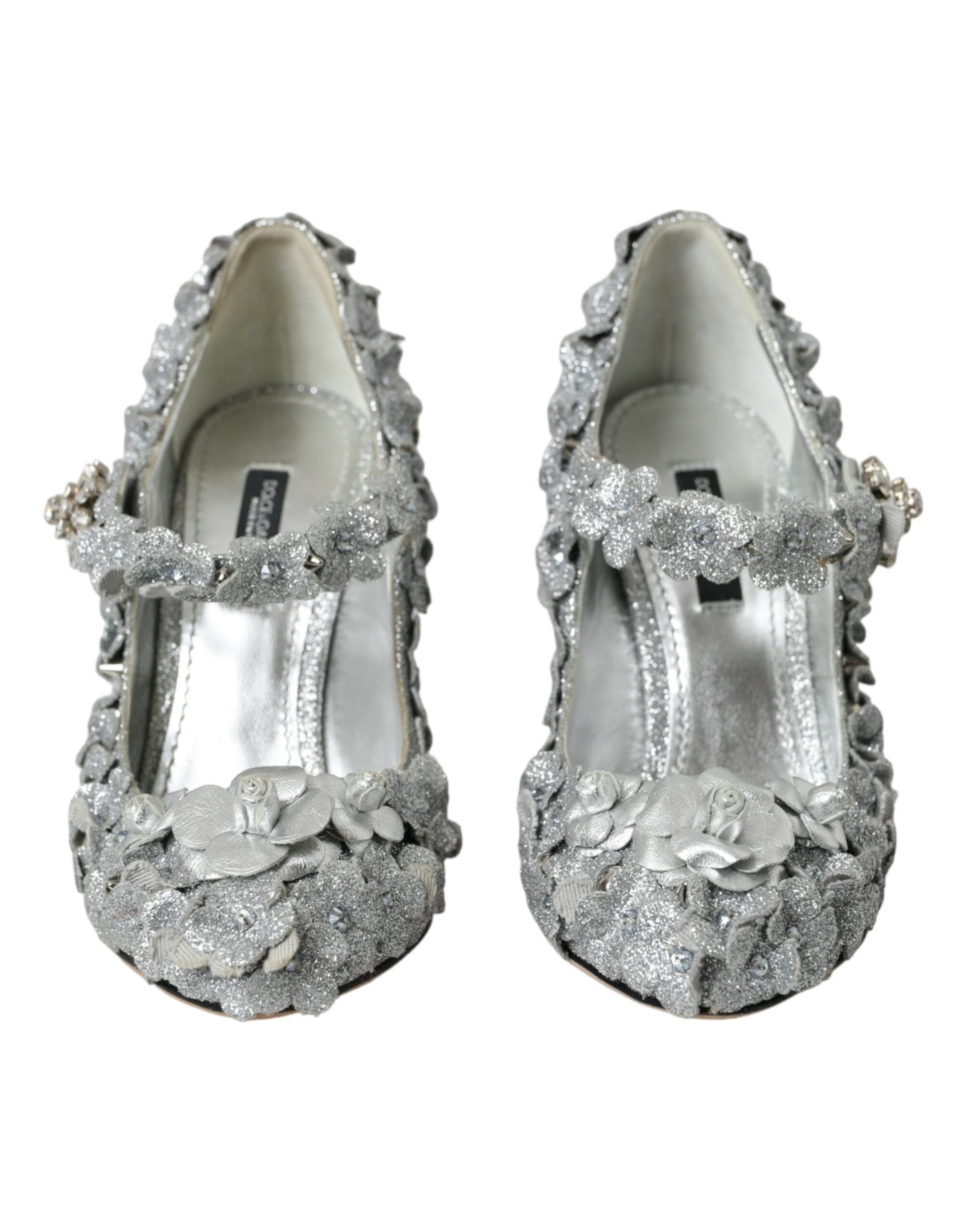 Dolce &amp; Gabbana – Silberne Mary-Jane-Pumps mit Blumenmuster und Kristallen
