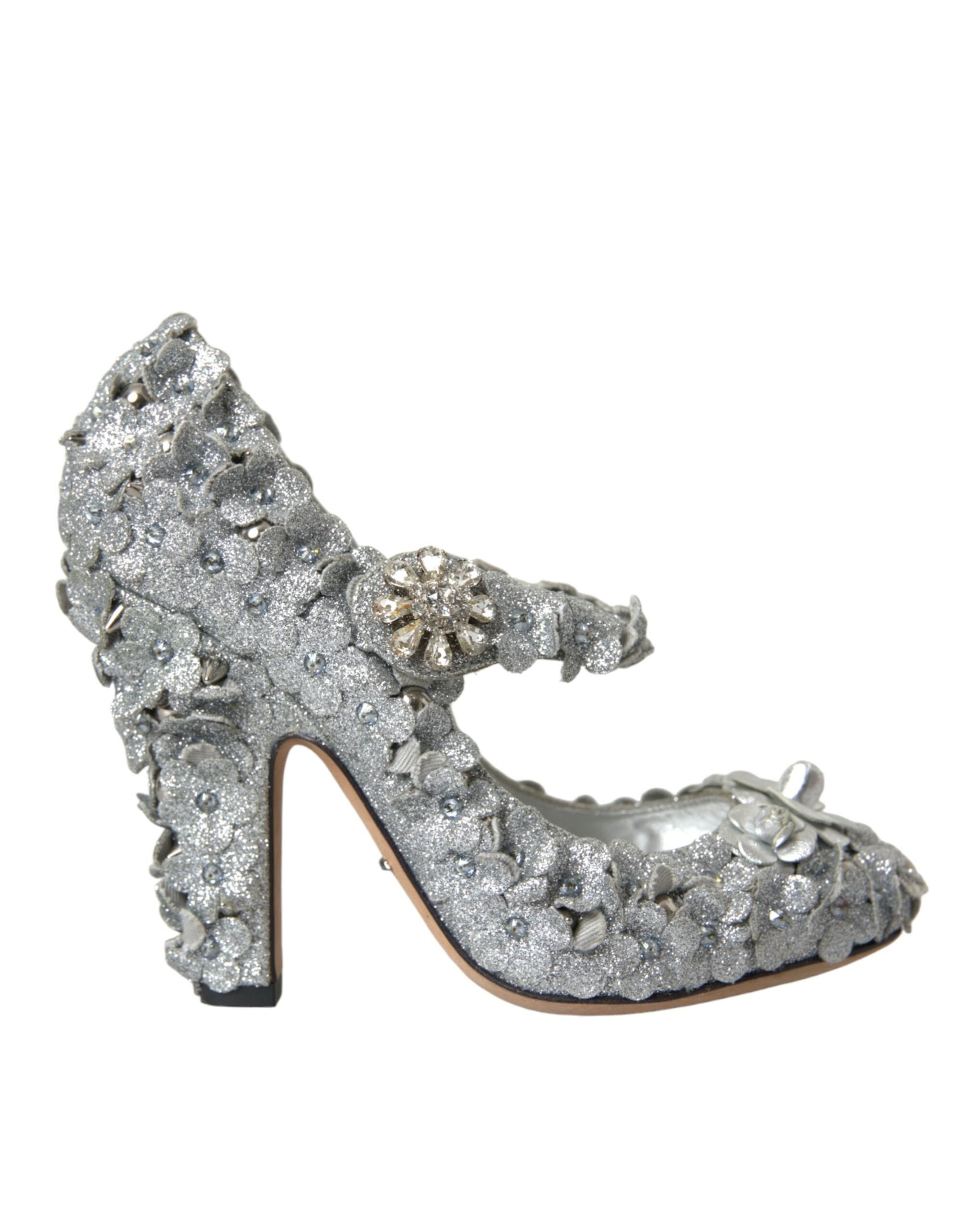 Dolce &amp; Gabbana – Silberne Mary-Jane-Pumps mit Blumenmuster und Kristallen