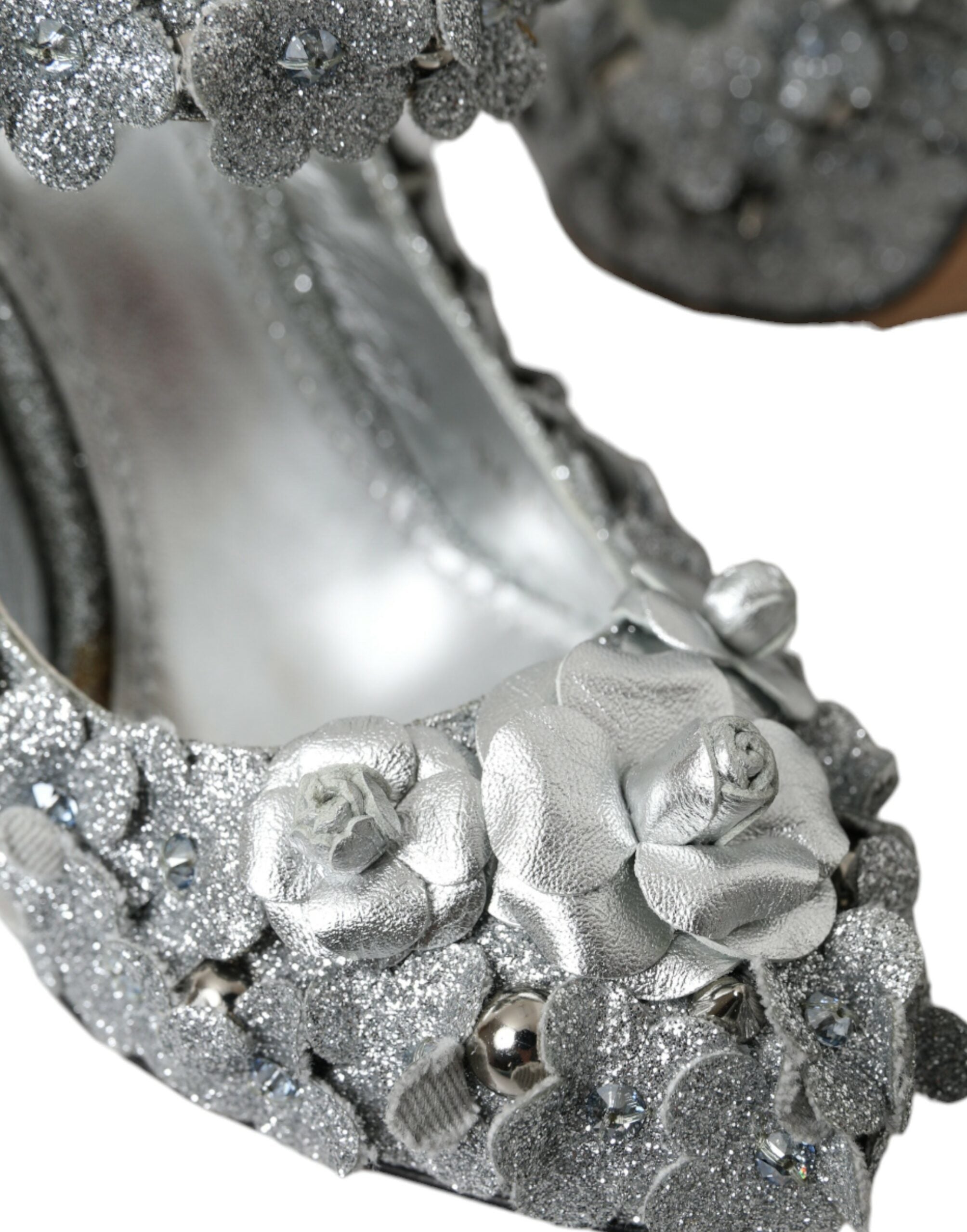 Dolce &amp; Gabbana – Silberne Mary-Jane-Pumps mit Blumenmuster und Kristallen