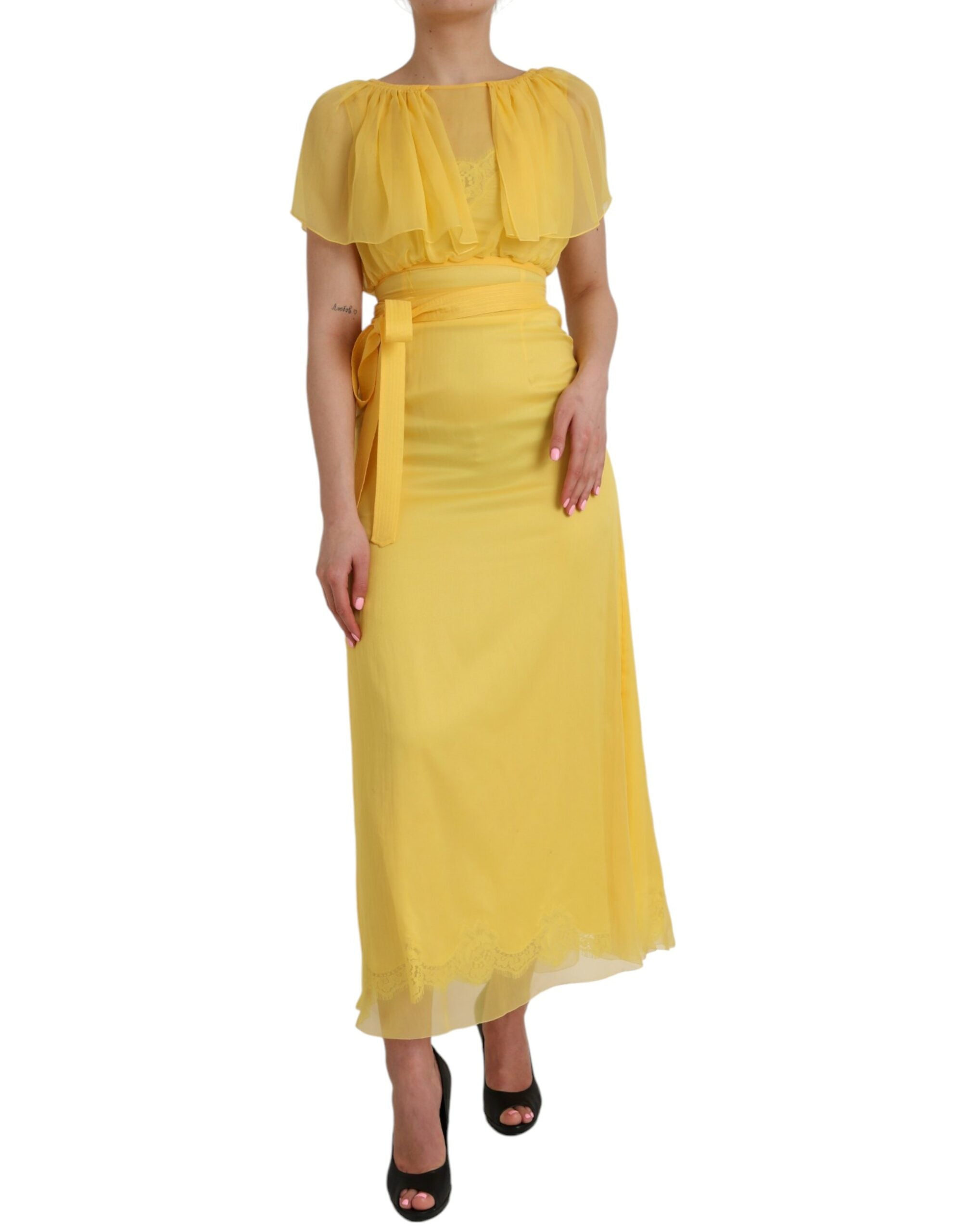 Rochie maxi lungă din mătase galbenă Dolce &amp; Gabbana cu curea