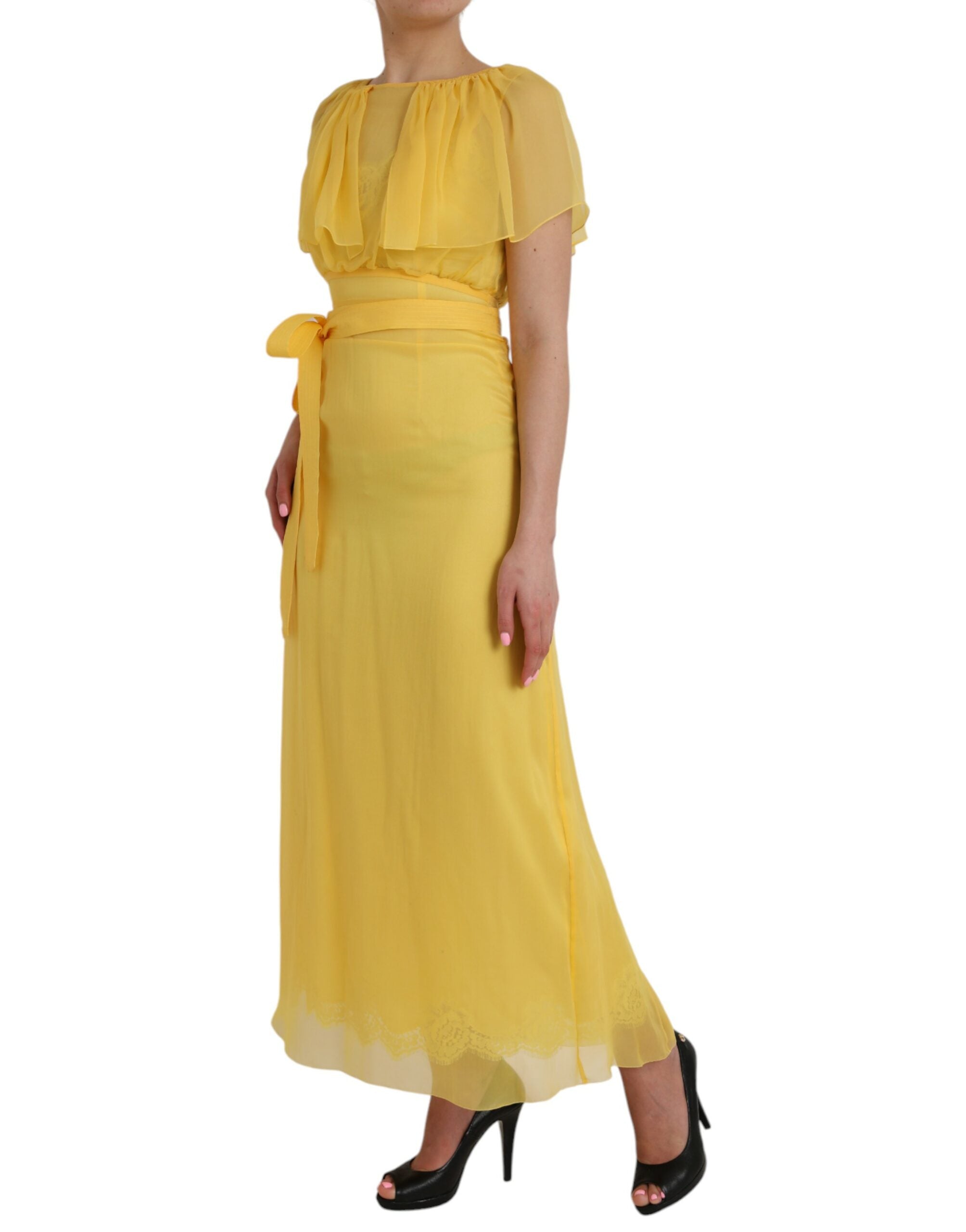 Rochie maxi lungă din mătase galbenă Dolce &amp; Gabbana cu curea