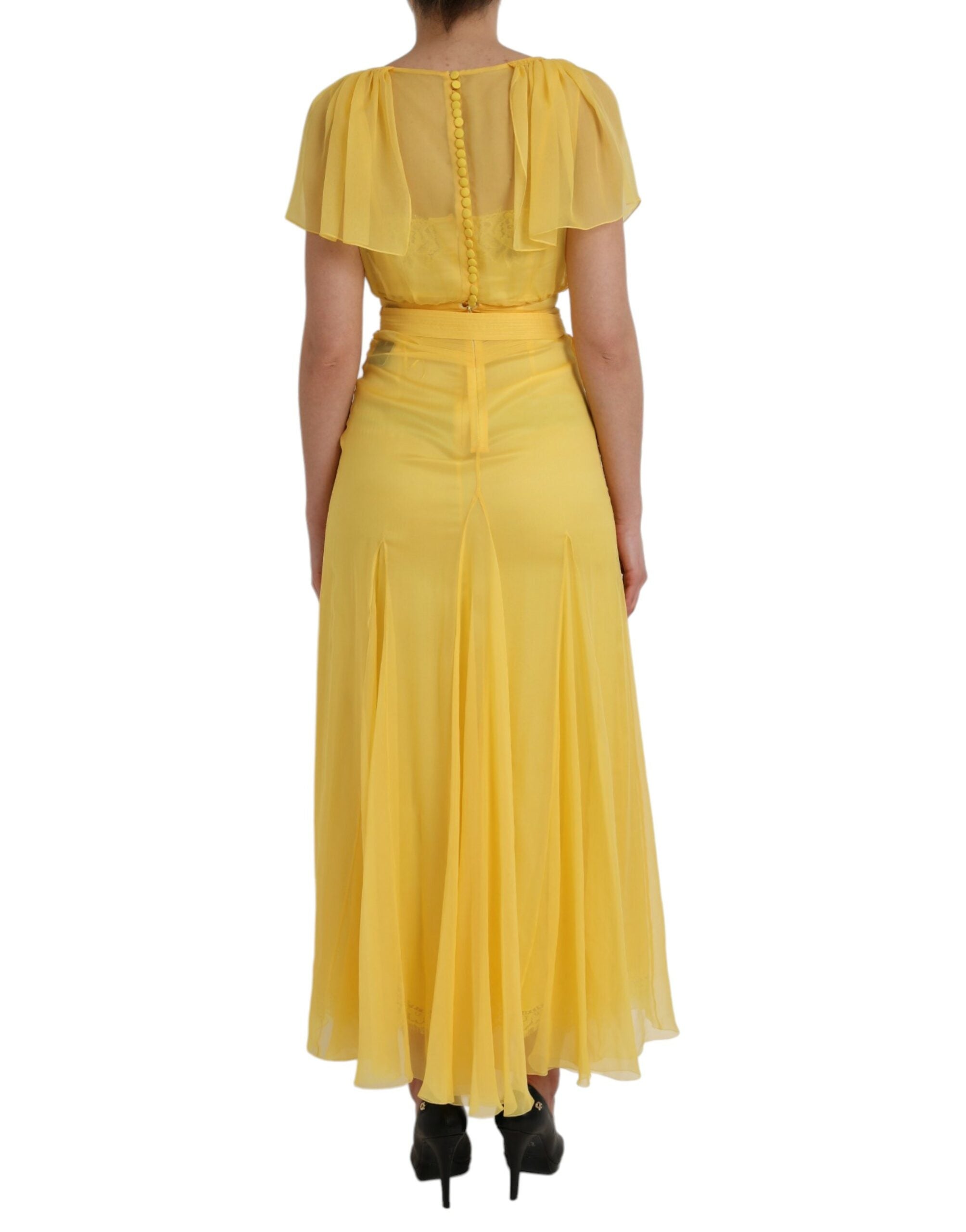 Rochie maxi lungă din mătase galbenă Dolce &amp; Gabbana cu curea