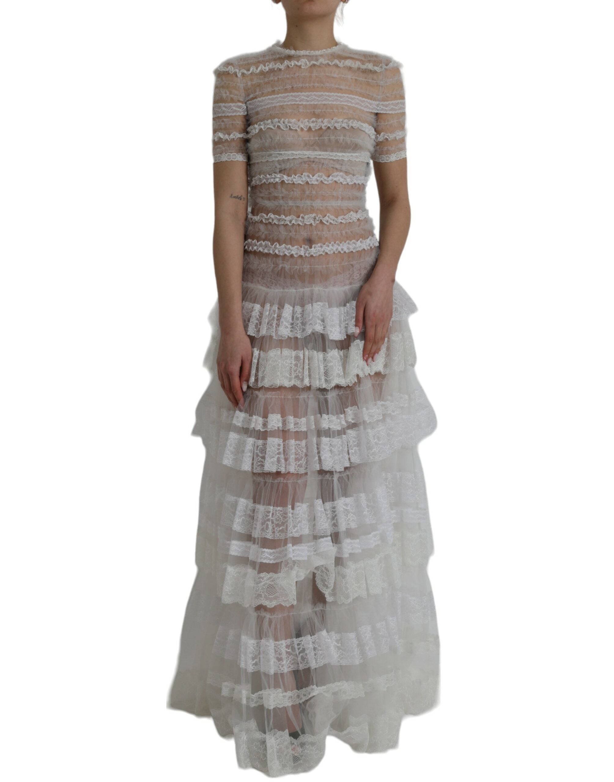 Rochie maxi Dolce &amp; Gabbana din dantelă transparentă albă din nailon și straturi